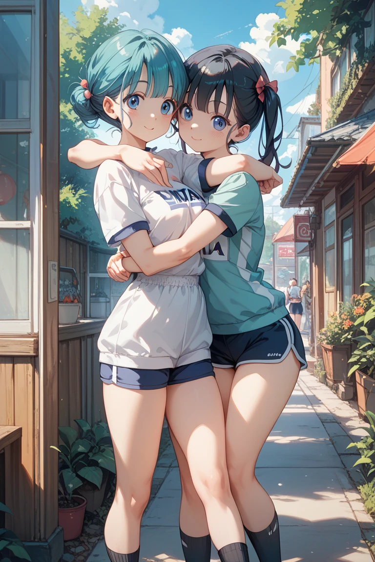 Road, police car, best quality, masterpiece, black hair,18 years old pretty girl,dark blue bloomers,white gym clothes,wearing dark blue bloomers,ass through bloomers,smile,white skin,standing,two are good friends,lesbian,flirting,hugging,laughing,shy,