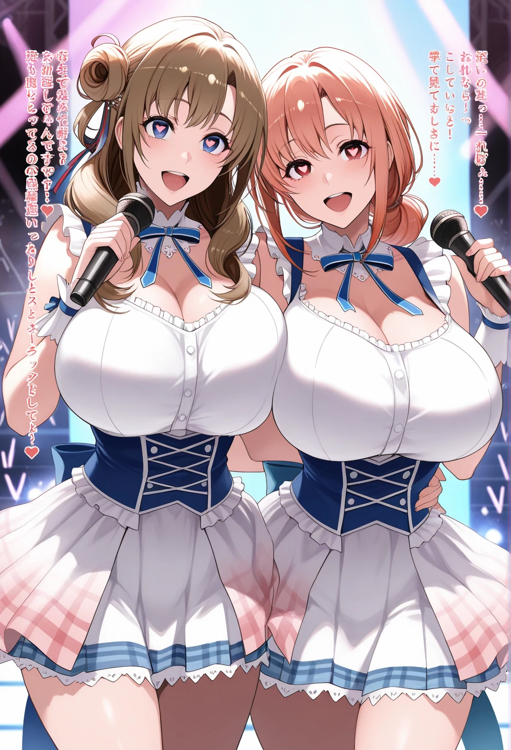 Her hair is tied up and placed over her shoulders in front of her chest brown hair, hair ornament, hair scrunchie, brown eyes, bow, bangs, hair bow ,, large breasts, live stage, solo nipple, naked, Peeing, lactation, projectile lactation,  , Sweating profusely, Love juice, Wet Woman,  female ,