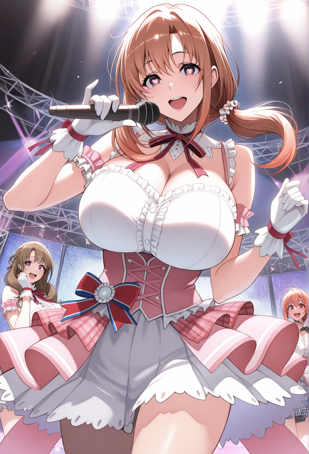 riko sakurauchi, long hair, hair ornament, (yellow eyes:1.3), red hair, hairclip,, live stage, Big Breasts, nsfw (See-Through Student Uniform) Nipples Sobbing