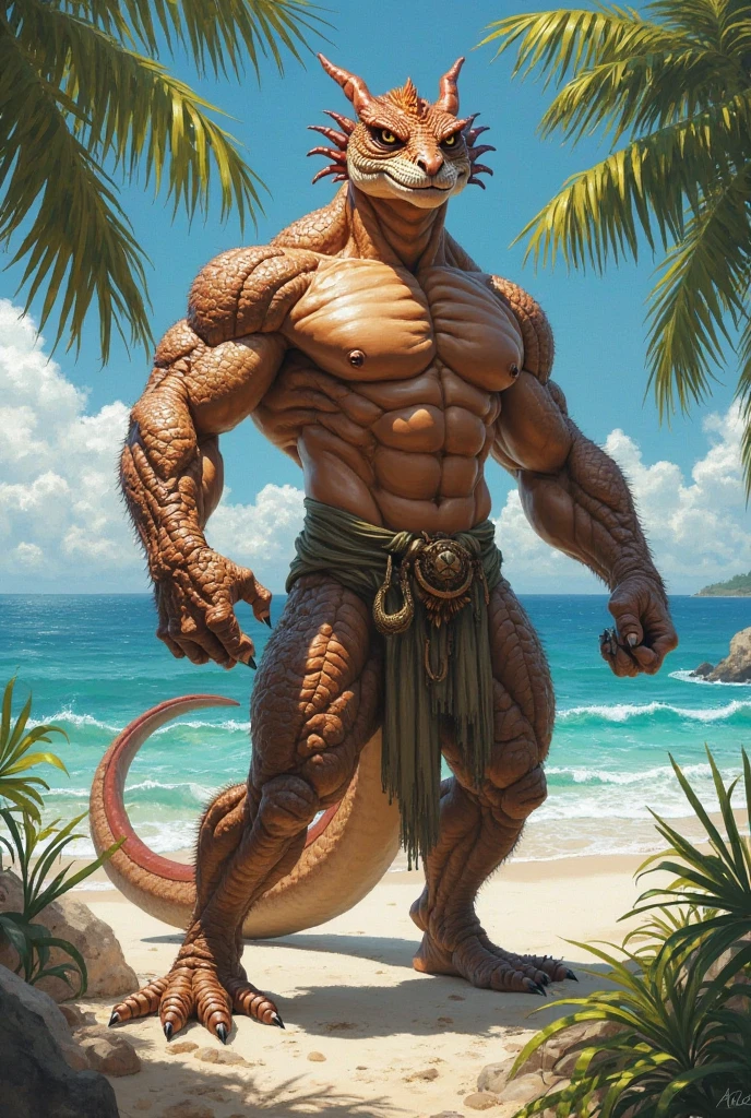 Dragon, Multi-Colored Body, Male, Solo, Horn, Dragon Tail on Front, Middle-aged, Front View, , Bulge, Correct Hands Anatomy, Correct Fingers, Correct Anatomy, Hands on hip, Tail on side,  Beach background, Furless, Hairless, Scales, Muscle: 3, Muscular Body, Big Pectorals, Pecs, Tattoo on Pectorals, Dragon Tail, (Photorealistic, Realistic shadows, depth of field, Wide Dynamic Field, Dark Shadows, HDR, Low Light: 1.2, Low Angle Half Body Shot), 