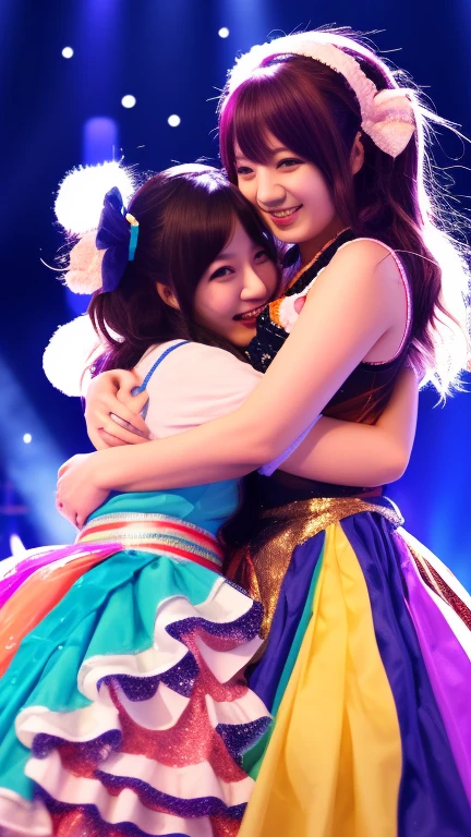 (2 anime idol girls), after concert, on stage,
one girl standing with tearful smile of joy,
another girl hugging  warmly,
emotional support, friendship embrace,
stage lights creating dramatic atmosphere,
cheering crowd in background,
colorful frilly idol costumes with ribbons,
masterpiece, best quality, ultra detailed,
anime style, full body shot, concert stage setting,
sparkles and stage effects, victory celebration