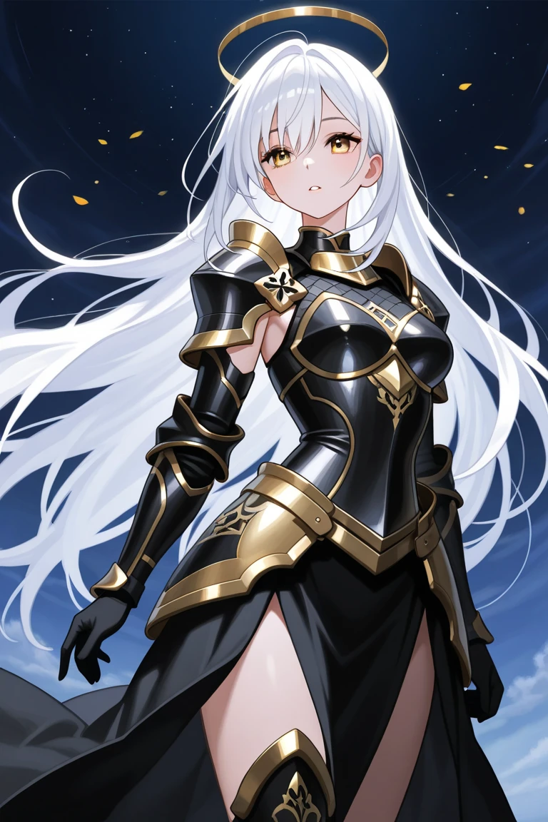 A girl with long silver hair, small double braid and golden eyes，silver forehead protector，Chest，cleavage，Pitch black armor，Hand guard，Iron skirt，thigh，cross sword，moon，starry night, , 