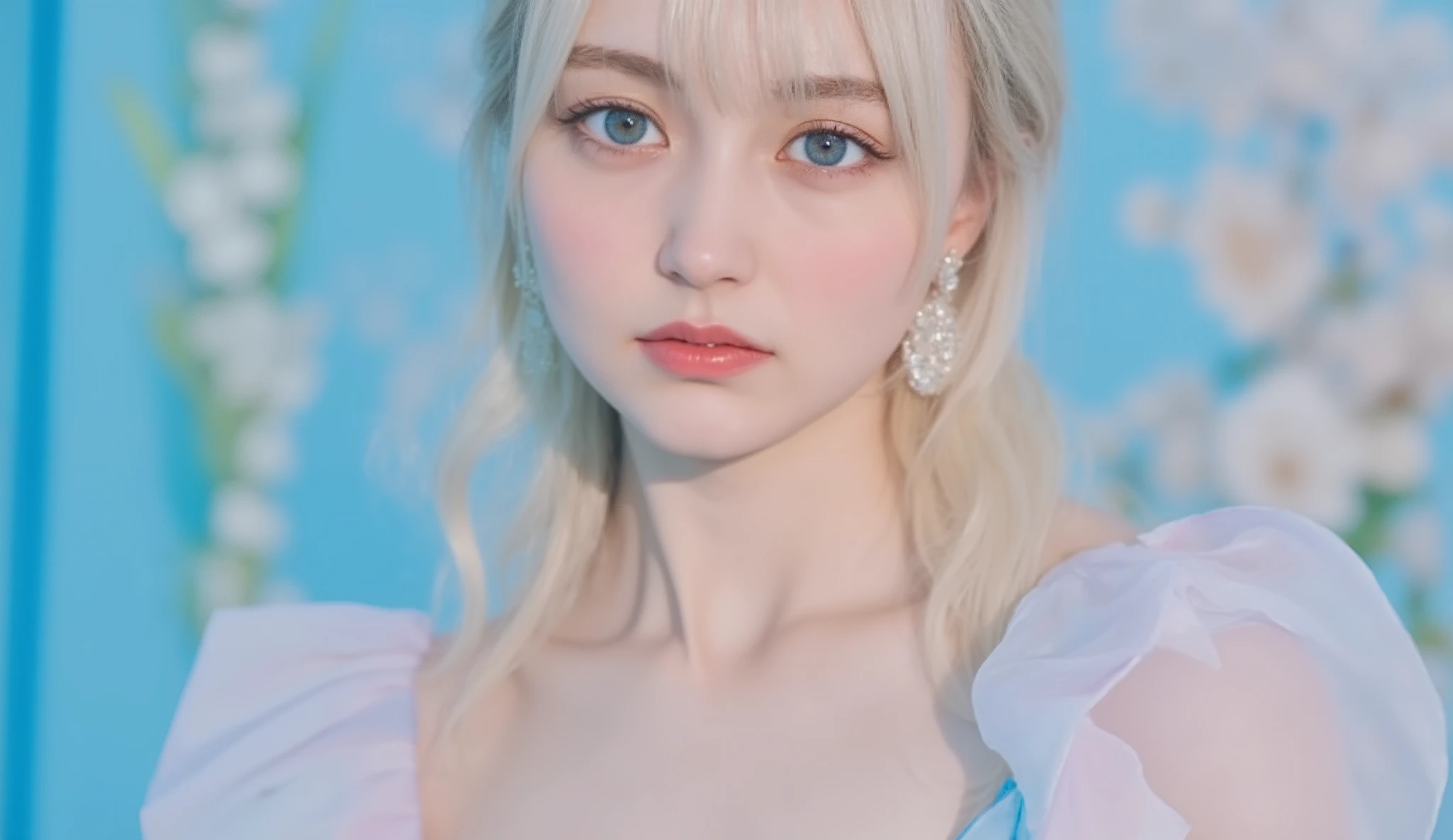 8k, masterpiece, top quality, Real Photos, beautiful woman, full length ,full body、full body,sitting、floral hair ,high heels,,Scarf,platinum blonde hair, Pulled back , Play of shadow and light, Delicate and ephemeral、create a model with loose blond hair, bright blue eye makeup, and、burgundy lipstick and large crescent moon earrings. She is soft , Sheer, Pale Blue、Pink、purple、pastel frills with green gradients. 調和のandれた美しさを創造するために、背景は同じ淡い虹色の青Pink紫緑パステルカラーの花です々it should be shaded. the model has pale skin and delicate features. The fluttering of the ruffles、you need to pay attention to the level of detail of the sparkle. the light shines on her crescent earrings、Increase the sparkle of the silver 調和のandれた美しさを創造するために.