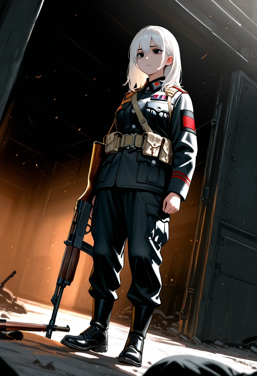 ((best quality)), ((masterpiece)), (detailed), (German soldier:1.3), (formal suit:1.3) (1girl:1.2)
An intense artwork featuring a German soldier in an official costume, standing tall and proud. The soldier's uniform is perfectly detailed, showcasing the intricate stitching, medals, and insignias. The background setting could be a war-torn landscape or a military base, with dark and gritty tones to reflect the seriousness of the situation. The lighting should be dramatic, casting shadows that add depth and intensity to the scene. (German soldier:1.3), (official costume:1.3), (war-torn landscape:1.2), (military base:1.1), (dramatic lighting:1.2), (dark and gritty tones:1.1)