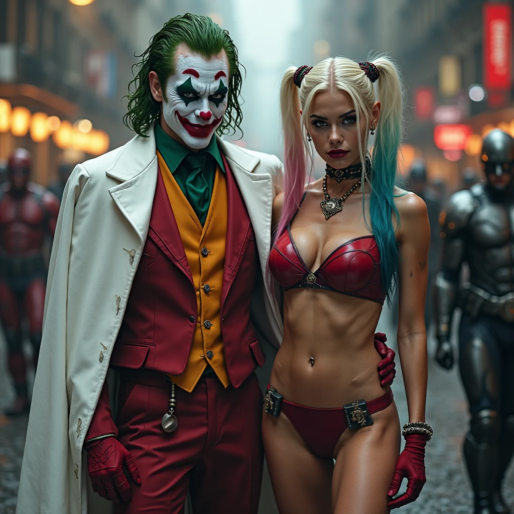 Generate me an image, background exploding bridge, in front of it a woman dressed as Harley Quinn and a man dressed as the Joker.
Give Harley a sexy pose and both a mischievous smile, show more skin on Harley Quinn, preferably dressed in a bra and panty