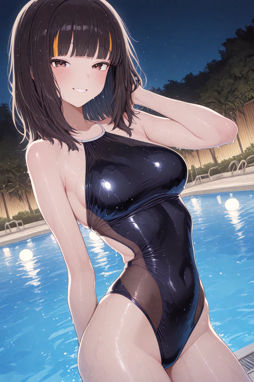 mastute piece,Best Quality,insanely detailed,8k cg,nsfw,
(shoot upper body:1.3),
(1girls:1.3),standing,looking at viewr,body in front,both arms behind back,(school-swimsuit:1.3),(bare breasts:1.1),(bare nipples:1.1),
break,
blush,shy,(ecstasy face),(trembling:1.2),break,(light brown hair:1.2),
break,
perfect breasts,perfect teats,(open mouth:0.9),(large breasts:1.2),
(poolside),