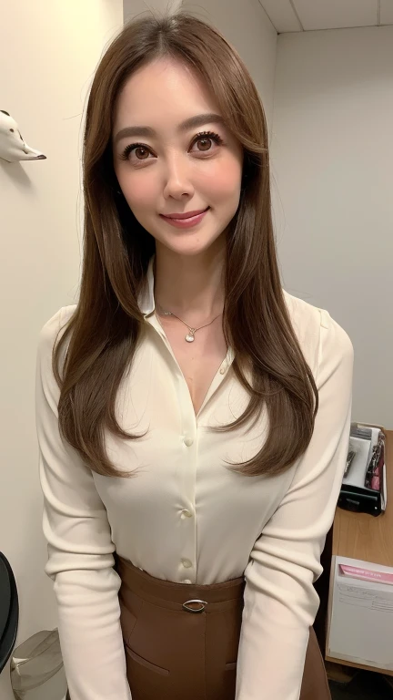Long blonde fringed hair、1girl in、The sheen、Silver Blouse、Leather、tight skirts、A smile、(top-quality:1.4)、(超A high resolution:1.2)、(A detailed eye)、a room