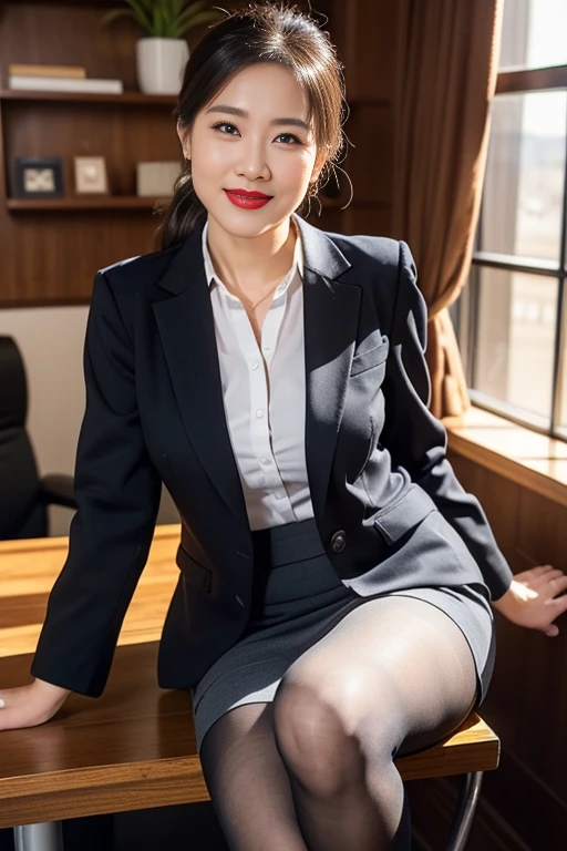 (highest quality、masterpiece、Official Art、High resolution:1.2)、Biologically correct,Highly detailed CG uniform 8K wallpaper、Clear images、Very detailed、(The only girl:1.2)、40-year-old woman, (Skin with attention to detail:1.2)、secretary、formal, , Wearing a black suit, Black jacket, (White shirt with a wide open chest), Black pencil skirt, Skirt and thighs、Lift up your skirt and show off your thighs、(Super realistic black pantyhose:1.3), (square glsses:1.4), Sit at the bay window、High heels and a smile,Large Breasts,Big Ass,G-cup breasts,Mature Woman,underwear,Natural Makeup、Japanese