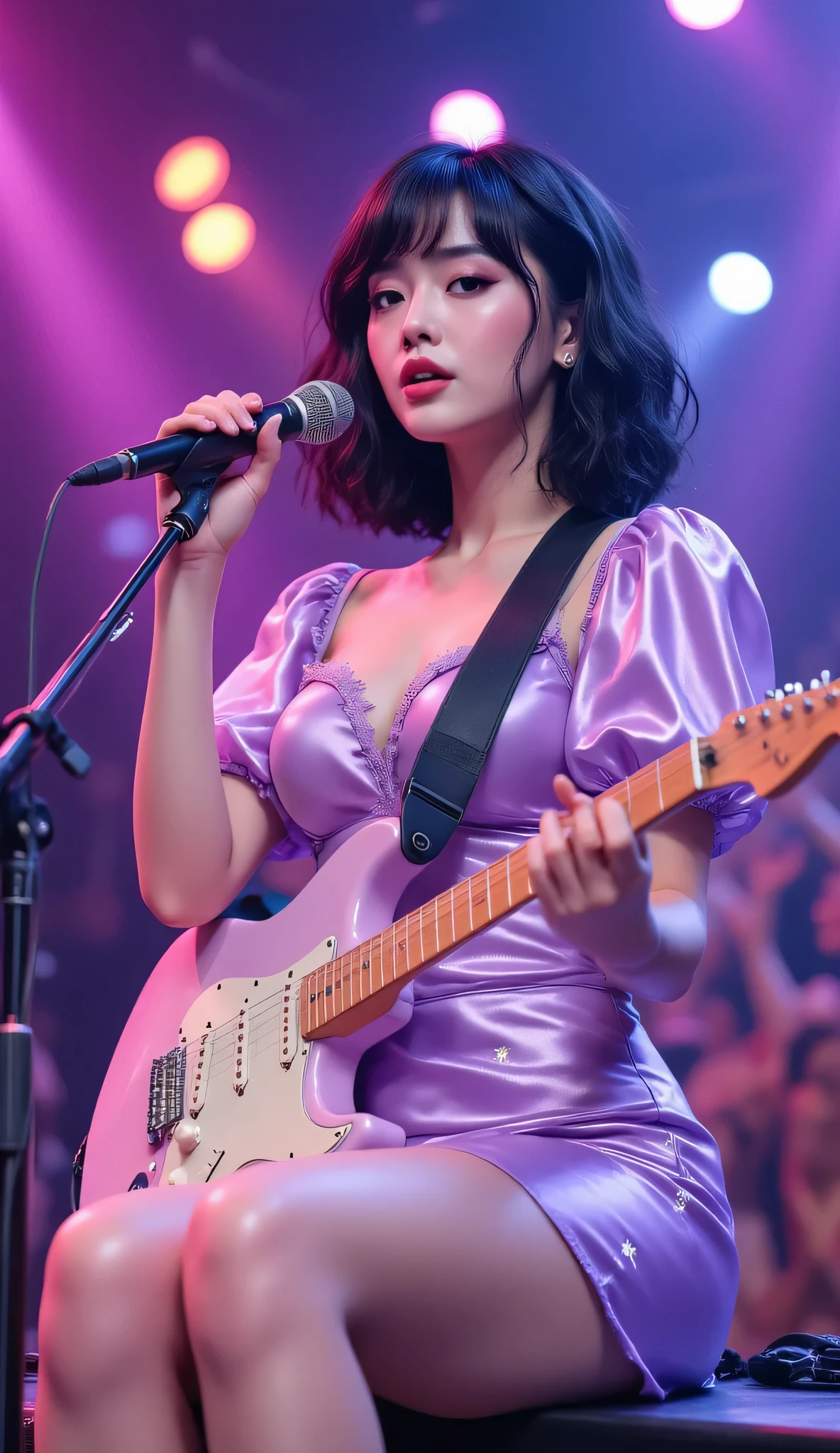 ((best quality)), photorealistic, photorealism, Photorealistic, high resolution, ((Wearing sexy pink satin dress, sexy dress, cleaveage, seductive dress, strap down))、smile、A superb beauty、Super cute、ennui、Rare beauty、Very Short hair、Black Dark Eyeshadow、Sad、white skin、pale skin, Very short hair layered、Dark Gothic Makeup、Cute Smile、Fragrant beauty、Stained glass background、Mastepiece、Best Quality、Refers to 5 books、Sweat glistening on my chest、Sweat glistening on my face、Medium breasts、Blue hair、Age 20 years old、Mysterious look、A sad expression、Blue Hair、Glamorous concert stage、enchanting castle、Sweating profusely all over the body、A lot of sweat and light on the thighs、Shiny thighs、Plenty of sweat glistening on the thighs、A large amount of sweat glistens on my thighs、Sweating profusely、Gal、Medium breasts、Beautiful face、Alluring expression、Sitting、Sitting playing guitar、Thick thighs、Playing guitar、I have a guitar、Sing a song enthusiastically、Playing guitar in a band、Rock band、Playing guitar chords、Live House Background、Sing a song、Open your mouth、Live house scenery、Mic stand、Glamorous live stage、Dynamic Angle、Cinematic lighting
