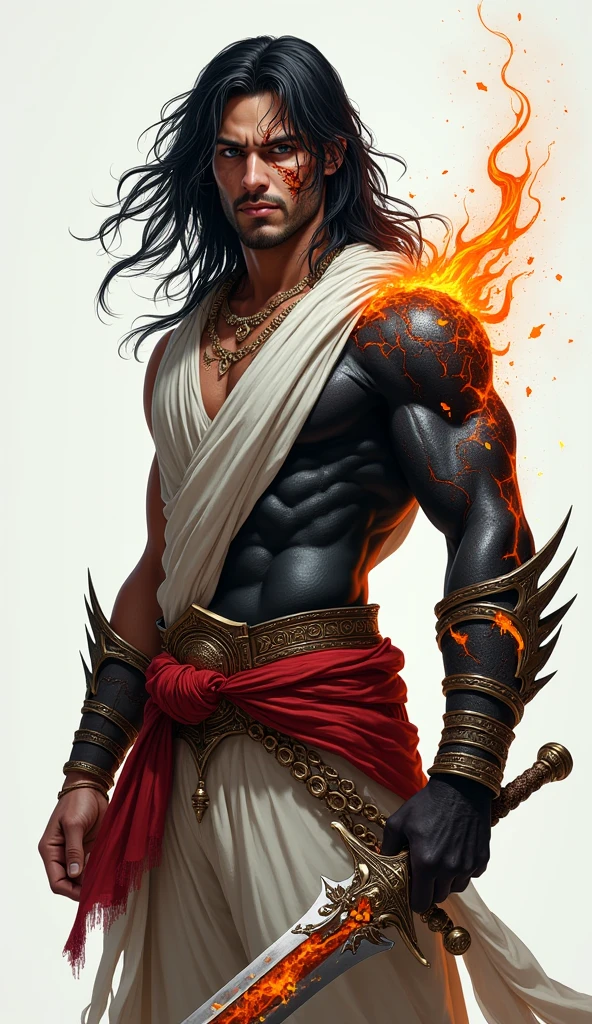 An indian man, long hair and beard, holding a battle axe, well defined muscles, althletic physic, well defined characteristics, wearing a saffron colour dhothi,