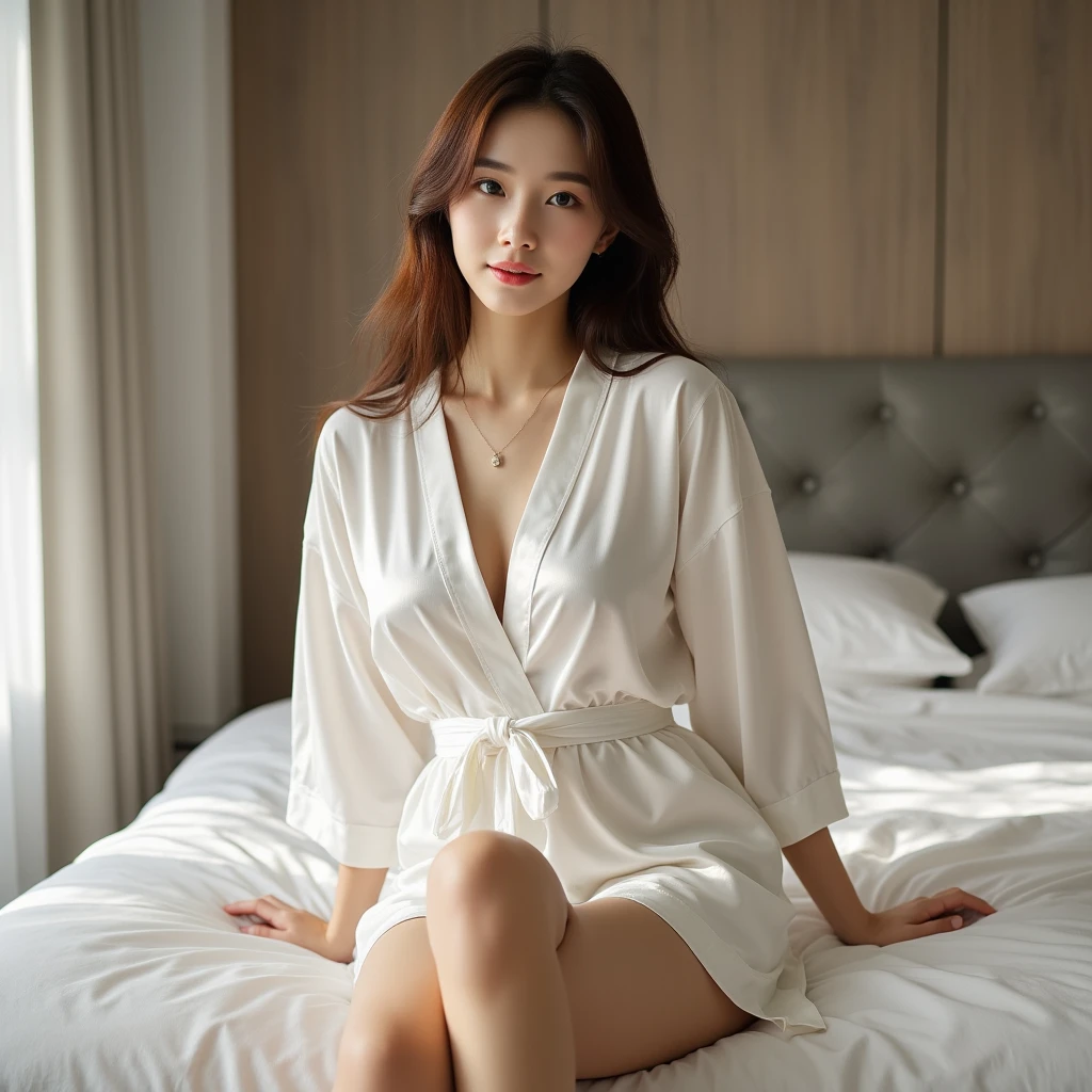 araffed asian woman in white robe sitting on a bed, (big breasts), (cleavage), wearing a simple robe, gorgeous young woman, wearing white robe, beautiful young woman, wearing a white robe, wearing simple robes, wearing white robe, wearing long white robe, wearing white pajamas, white robe, in white clothes, light blue panties,