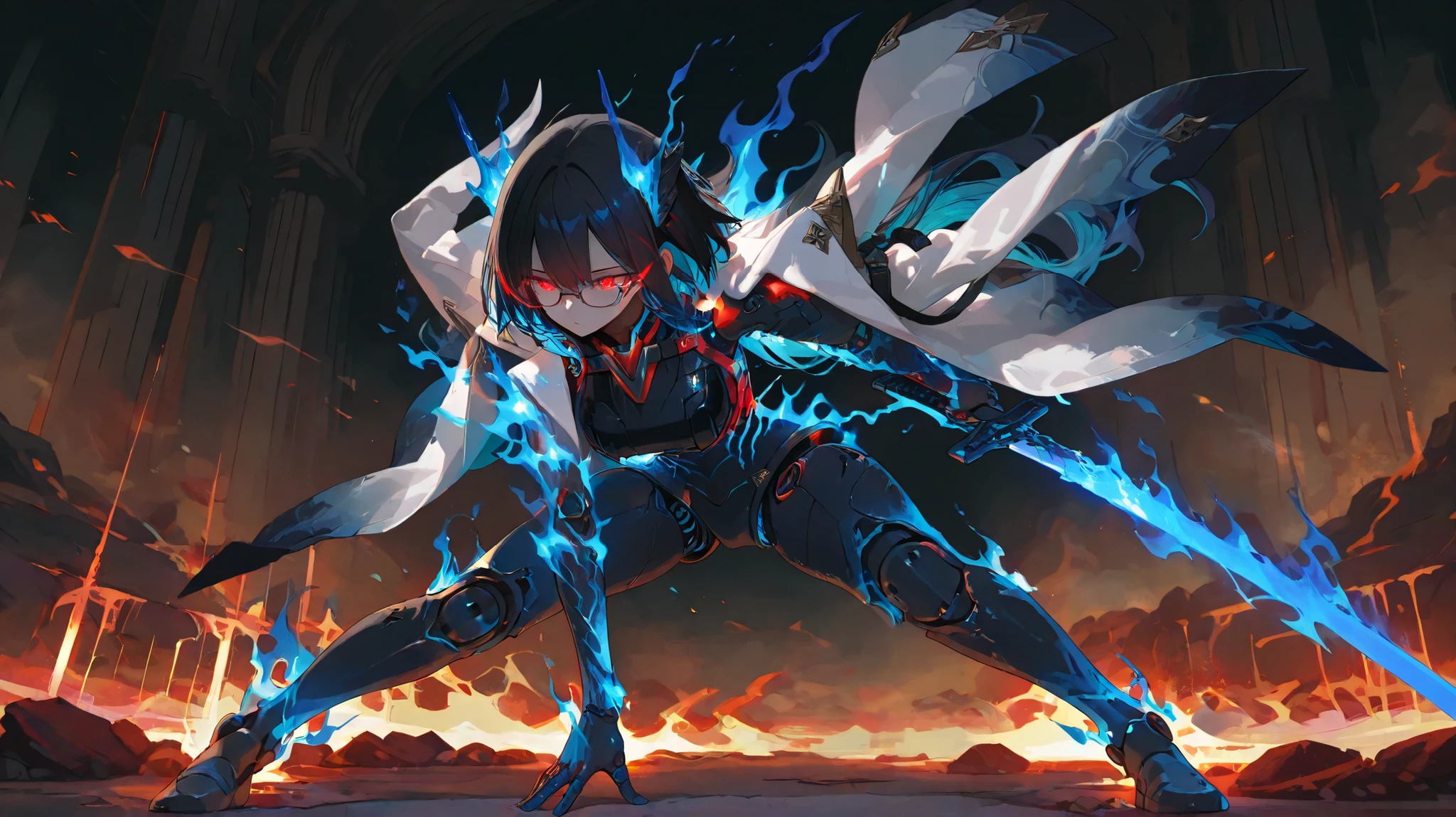 (masterpiece, Highest Quality), (very detailed, Highest Quality, Official Art,  beautiful、sophisticated: 1.2), Female 1 , armor, sword, red eyes , glowing  eyes , black hair , turquoise colored inner hair , engulfed in flames、headgear, full body, combat stance、glasses, ((Blue flames shining from shoulders, elbows, and knee joints)), Exoskeleton , 