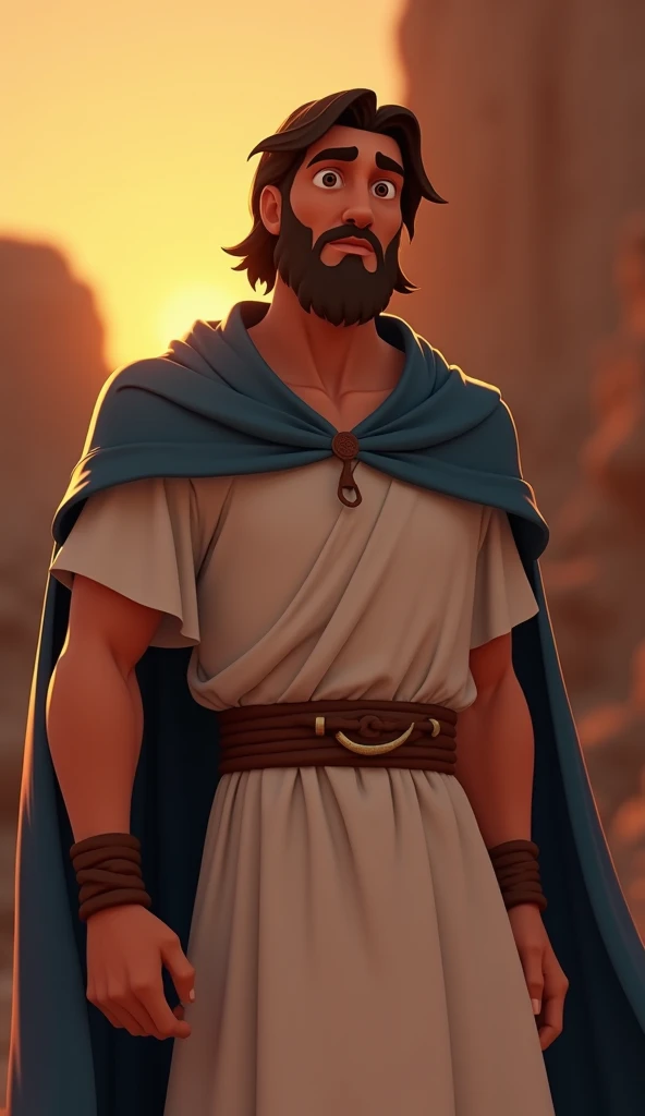 Create an image of Jacob, a biblical figure from the Book of Genesis. He must be represented as a man with a beard, wearing traditional ancient Middle Eastern clothing, like a tunic and a cloak. The scene must include a natural environment, maybe a field or desert, with a serene atmosphere at dawn or dusk. Jacob may be in a pose of prayer or contemplation, reflecting its spiritual and contemplative character. Include elements like rocks around it, referencing the story of Bethel, or sheep in the background, symbolizing his life as a shepherd. The image should convey a sense of reverence and tranquility. Don't wear pants!