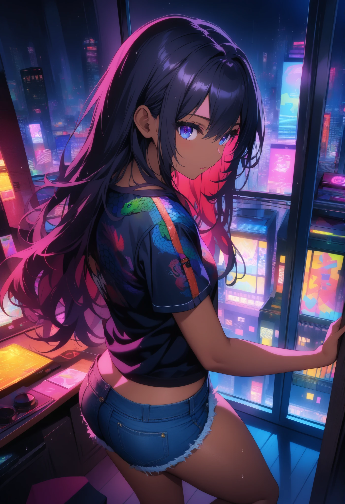 top quality , highest resolution, detailed depiction of the eyes, colorful, dark theme, one female, dark blue color eyes, dark color hair, long hair,  light dark skin, denim shorts, provocative, Lizard pattern design, neon city, indoor , room, night, Overlooking the rainy city