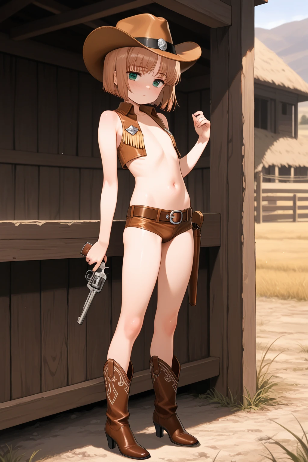 (The FW), 1womanl, Solo, 24 year old, 7headed body, (cute face), (Ideal ratio body proportions), Western drama, Sheriff's Uniform, Smiling smile, The costume is sheer, Wet, short-hair, Dark hair, small , A slender, Small buttauty legs, Skinny Legs, surrealism, Cinematic lighting, depth of fields, One-person viewpoint, F/1.8, 135 mm, nffsw, masutepiece, ccurate, Anatomically correct, Textured skin, Super Detail, high details, High quality, awardwinning, Best Quality, hight resolution, 8K