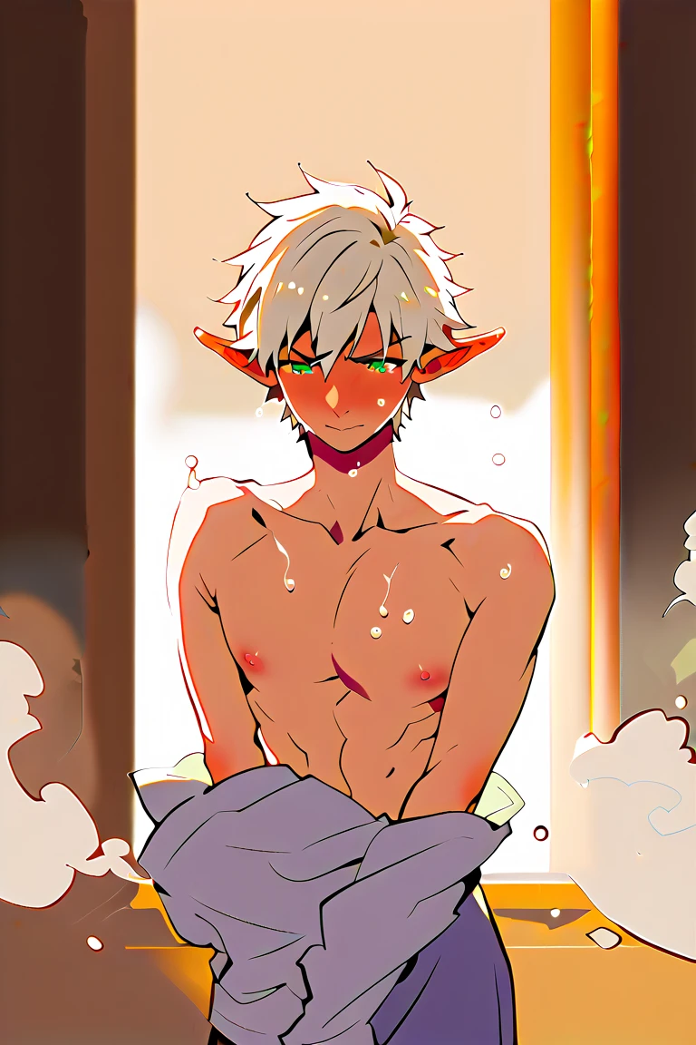 (masterpiece:1.4), (best quality:1.4), extremely detailed, intricate, (PERFECT FACE), illustration, soft lighting, 1boy, solo, slight smile, nude, erect cock, big penis, White hair, long hair, colorful, colorized, from_below, forest background, red eyes,