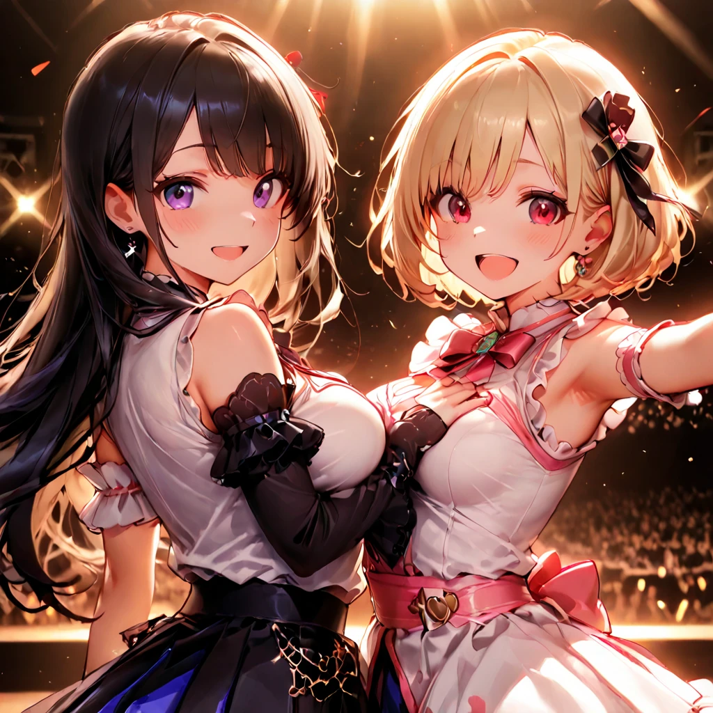 (masterpiece, top quality, very aesthetic, 4k、illustration), intricate detail, 2woman,contrapposto 、,(cowboy shot)、Dancing,(star-shaped pupils),Cute 、singing、Open mouth happy smile、Random Hairstyle、Random Hair Color、,middle hair,sidelock ,Random Color eyes、idol clothes、small breasts、Slim 、Outdoor Stage