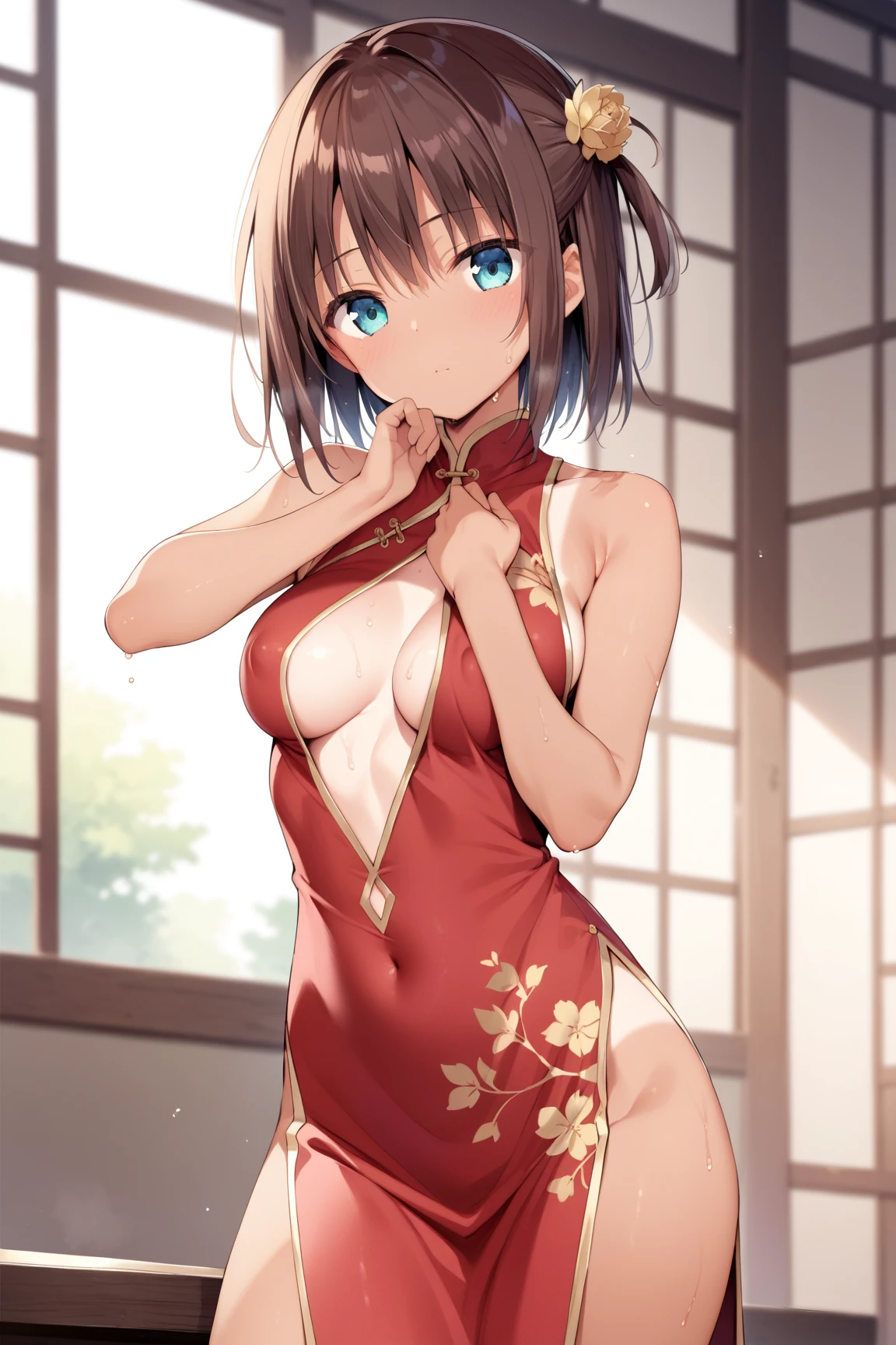 nsfw, masterpiece, 1 girl, erect nipples, intricately detailed, ((topless)), navel, red skirt, bare shoulders, necklace, citypop, hanako, erect nipples, puffy nipples, extremely detailed, photorealistic, octane render, 8 k, unreal engine, bare breasts, nipples, bare stomach, sweaty, people on background, moist breath, small breasts, smiling, collarbone, wet body, black hair, shrine maiden, red hakama, japanese, ray of lights, aqua eyes, short hair, white flower hair ornament, shinto shrine, waterfall, enchanted, magical, fireflies, uneven bangs, long skirt, lamp, outdoors, looking away, wooden necklace, holding paintbrush, body graffiti, black body paint, breast paint. body writing, tattoo, japanese characters, wooden pendant, bell hair ornament, dancing, arms up, dynamic pose, torii gate, shrine