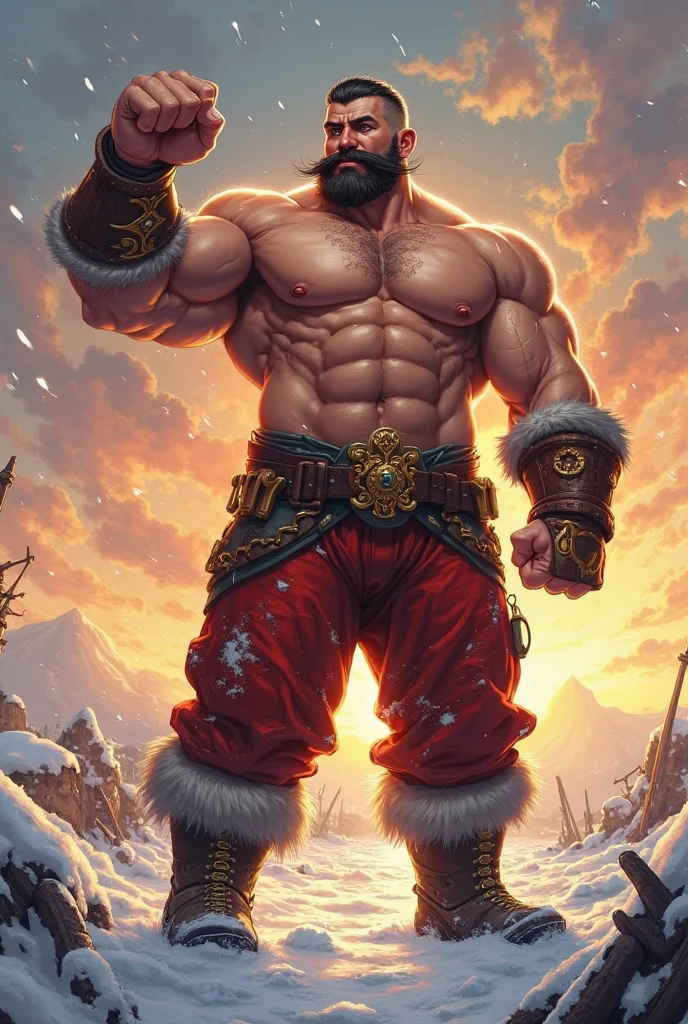 Vilain, using red overralls, median strength, human skin european, trident like weapon , place: in the moutains with ice, bald, median beard whitr and gray, 50 years, brown slipper, hairy chest, no t-shirt, big belly
