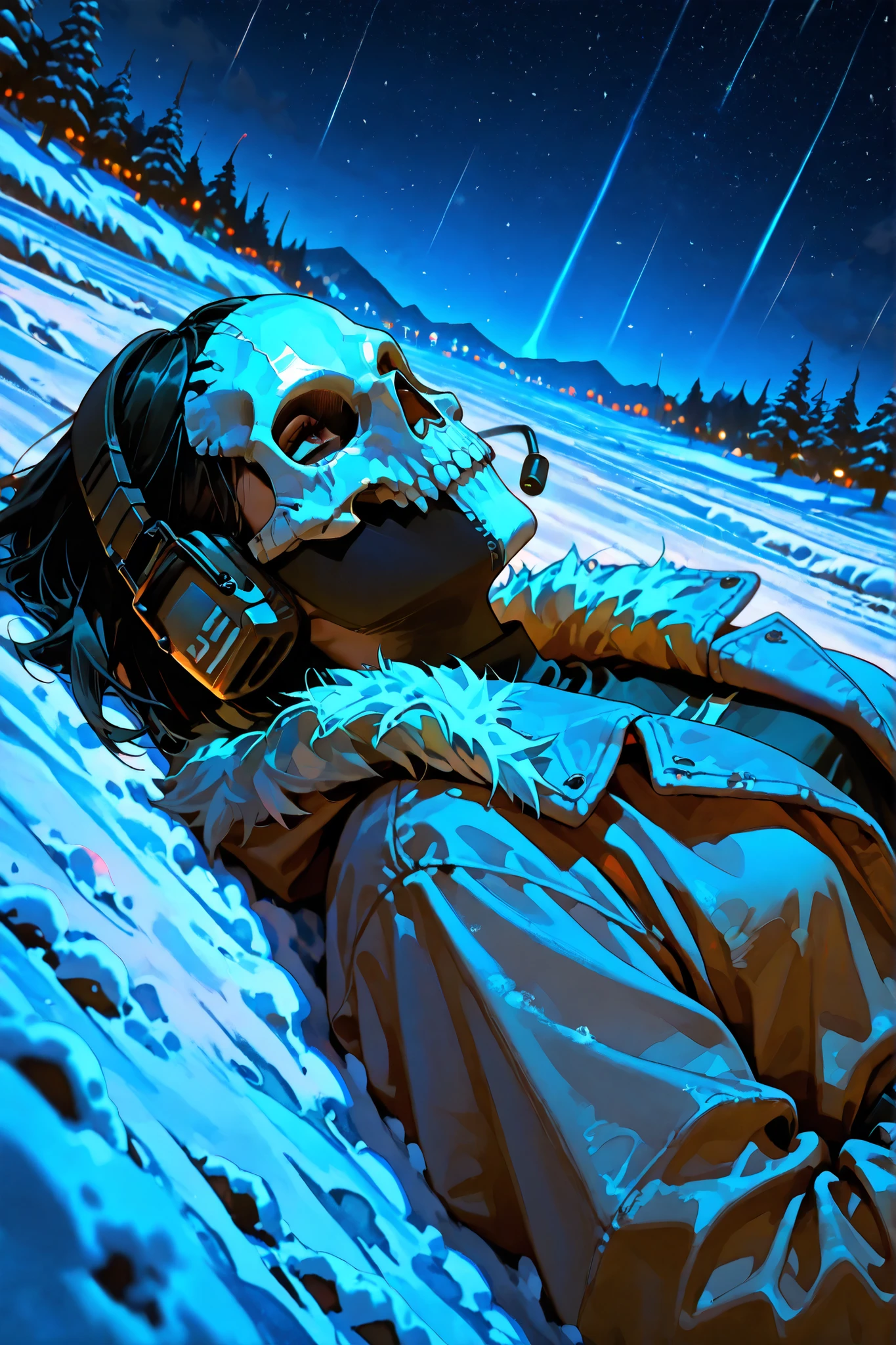 (SuperQuality:1.0) ~ (SuperQuality:1.2), detailxl, girl, Solo, High Resolution, Best Quality, High Details, Super Detailed, night, outdoors, snow, (simon_riley), ((skull_mask)), fur coat, wind headset, short hair, black hair, long nails, black nails, beautiful eyes, looking at the sky, laying on her back, ((view from above)),