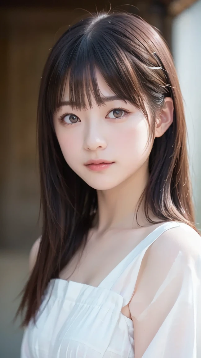 ((cute日本の女の子、beautiful japanese girl、1 girl、19 years old、ponytail、Highly detailed face and skin texture、super detailed face、highly detailed eyes、Lee Hong、blush、close-up of woman、front、 from the neck up、cute、Highly detailed face and skin texture、smooth white skin、Transparent skin texture、))、(dark brown hair)、looking at camera、sharp focus：1.2、beautiful woman with perfect style：1.4、japanese model、young gravure idol、若いcuteグラビアアイドル、Realistic young gravure idol、sophisticated gravure idol、((highest quality、8k、masterpiece:1.5、１photograph))、(4k、RAWphotograph、highest quality)、Place a person on the other side of the screen、Natural light、professional lighting、(realistic、フォトrealistic:1.5)、 dark purple sexy one-piece dress、