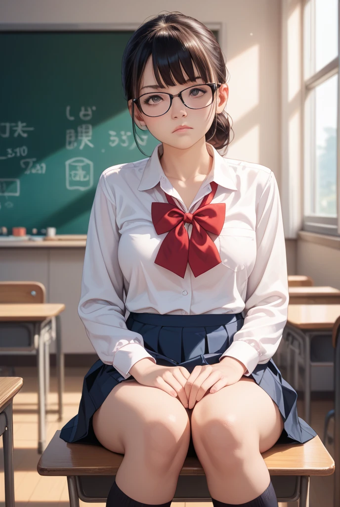 Blurry, Blurred background, Blurred foreground, Depth of field, 1 girl, Photo (medium), 18 years old, Classroom, Ribbon, School chair, Solo, Surprisingly small, Full body, Glasses, Glaring, Angry, Alone, Red bow, Uniform, 3D, Asian, Lips, Motion blur, Standing, Watching, Shirt, Indoors, White shirt, Short hair, Ribbon tie, Blackboard, Bangs, Black hair