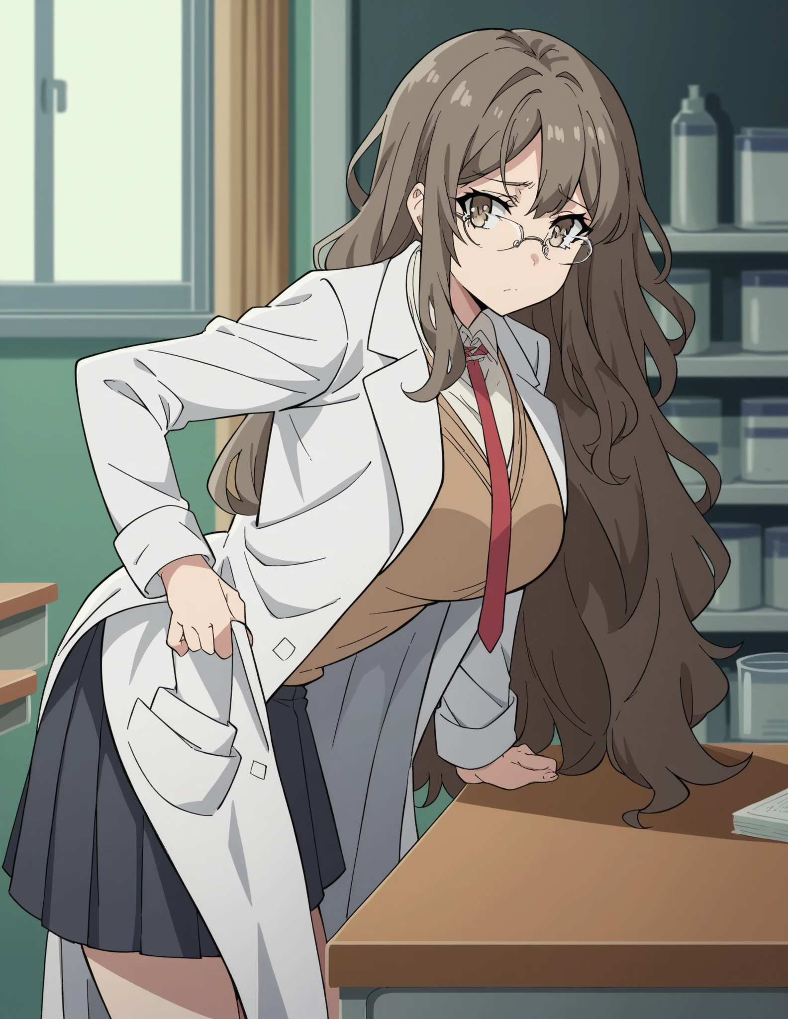 1 girl, alone, futaba river, masterpiece, best quality, realistic, (facing viewer: 1.2), front, point of view (from below), masterpiece, detailed, interior, chemistry laboratory classroom, standing, background detailed, heavy breathing, flushed nose, (cheerful: 1.1), long hair, brown hair, brown eyes, glasses, sexy body, huge breasts, medium waist, wide hips, medium thighs, round butt, (white coat :1.4), open robe, soaked, (beige underwear: 1.4) beige bra, beige thong, perfect anatomy, perfect hands