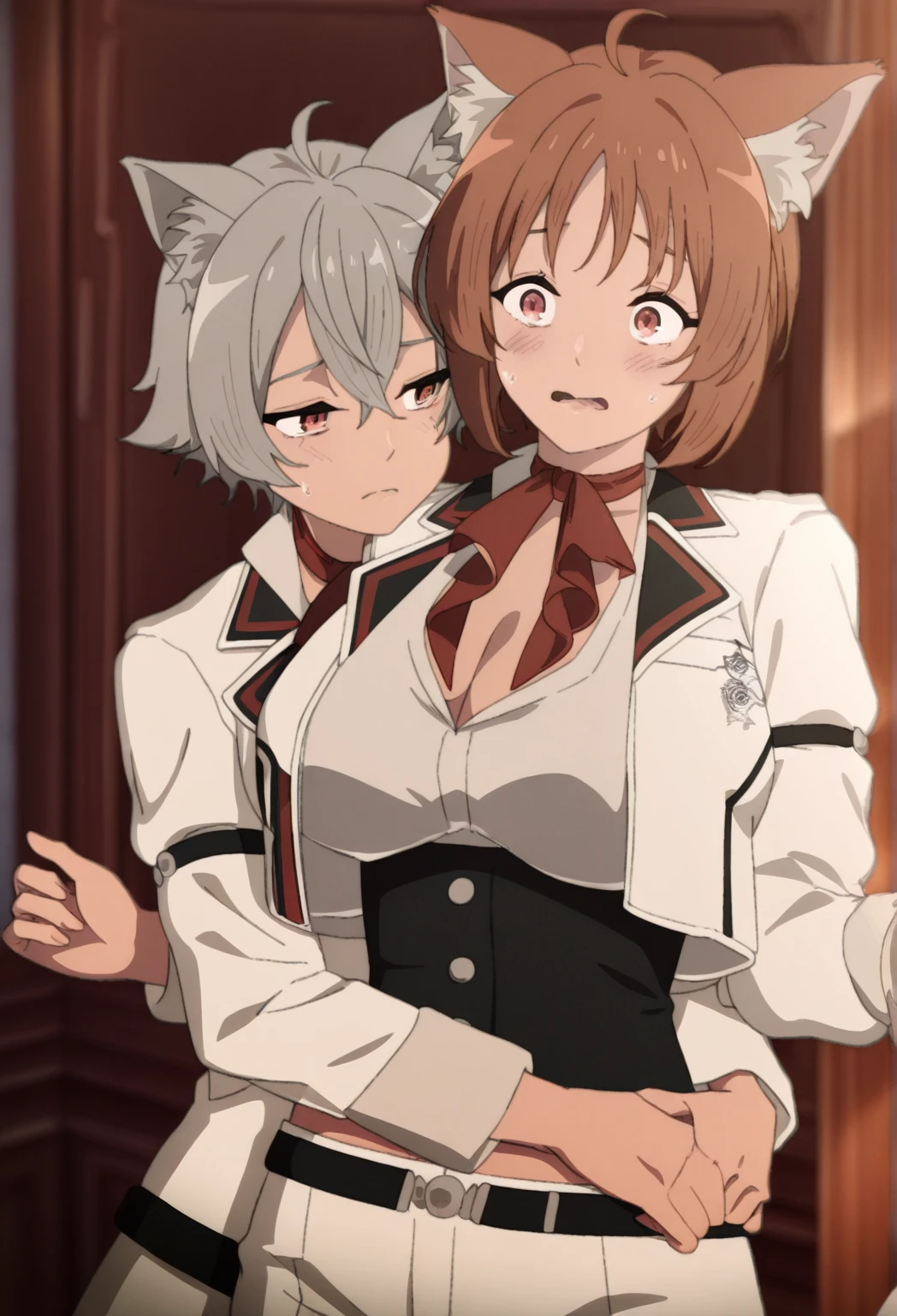 best quality, (masterpiece:1.2), highly detailed, cat ears, 1girl, tojou koneko, yellow eyes, white hair, short hair, hair ornament, 20-year-old, healthy skin, blushed,kneeling ,(ringed eyes ),(( bdsm, mistress))