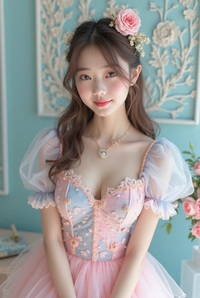 (Highest quality、masterpiece、8k、Best image quality、Hyperrealism、Award-winning works)、1 cute beautiful girl、(alone:1.1)、(1 photo:1.1)、(cute, Girlish, A sheer lolita dress in light pink and light blue:1.2)、(Cute Girlish big ribbon:1.1)、(Cute and luxurious hair accessories:1.1)、(The perfect Lolita dress with attention to detail:1.2)、(A cute dress with frills and ribbons:1.1)、(cute lolita dress with lace decorations:1.1)、(Cute Girlish lolita wavy hair:1.1)、(Low length:1.1)、(height: 140cm:1.1)、(Very large breasts:1.5)、(Glamorous Body:1.5)、(Big cleavage:1.5)、(Pink Roses:1.1)、(cuteハートのシンボル:1.1)、cuteフリルがいっぱい、(大きなcuteリボン:1.1)、Accentuate your body lines、Slender body、Standing Elegantly、(Pastel color Girlish and luxurious lolita room background:1.1)、(A fairytale room with attention to detail:1.1)、(cute水色の装飾壁:1.2)、(cute room with a っぽい atmosphere in pastel colors:1.1)、(cute room with very bright and shiny pastel colors:1.4)、(A very bright and shiny room:1.2)、(Lots of pastel colors:1.2)、(very bright and vivid:1.4)、(cuteパステルカラーの壁飾り:1.2)、Blurred Background、Standing Elegantly少女、Accurate anatomy、Perfect Makeup、Long eyelashes、Glossy Lips、Ultra HD glossy skin、(Ultra-high resolution, bright and beautiful skin:1.2)、(Super bright and radiant skin:1.2)、超高精細のGlossy Lips、Ultra-high resolution beautiful teeth、Light brown and blonde hair、Light brown eyes