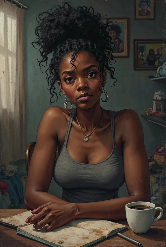 mature female,dark skin,beatiful face,white nearly naked apron,lying on table,plump,in kitchen,black curly hair,