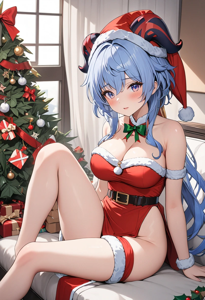 top-quality、Top image quality、masterpiece、s girl((santa style short skirt、santa style tank top、sixteen years old、 Ager、Best Bust、big bast,wide open breasts、Beautiful light blue eyerest, multicolored hair、A slender,Large valleys、dye one's cheeks red、Red Body Paint、Red Face Paint、be shy、heart mark、lying on the bed、Invite viewers、invite with both arms、dishevled hair)),hiquality、Beautiful Art、Background with(( natta、snowflakes falling、Nice and clean room.、Christmas Party、Party Venue、Christmas Lights、Christmas tree、christmas bed)))、masutepiece、depth of fields,
