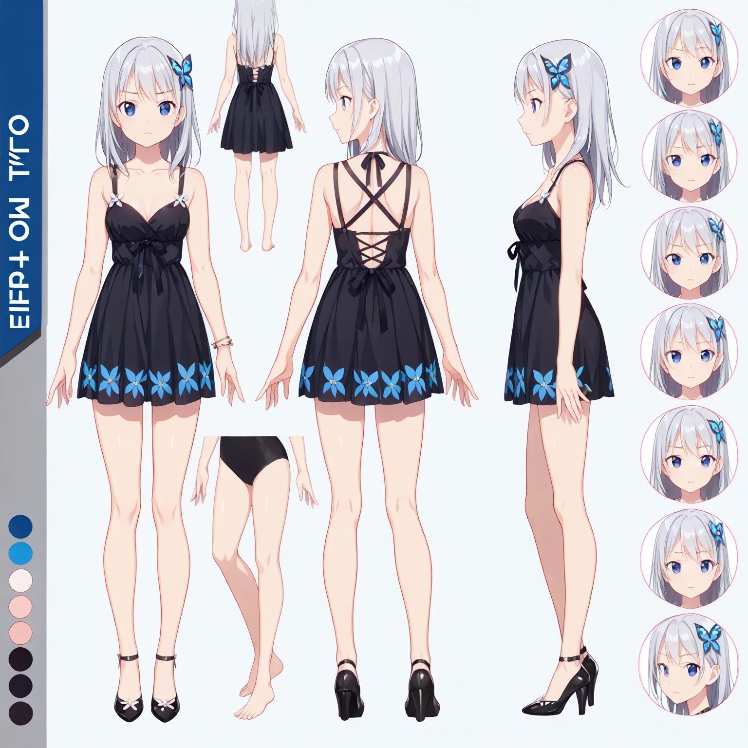 Anime style,masterpiece, high quality, 最high quality, ((Character design sheet, )),One woman,Slender figure,Small breasts,White tank top,White panties,Heart-shaped pupils,Gray Hair,Blue eyes, Model Sheet, face, Performance ,Tidy.