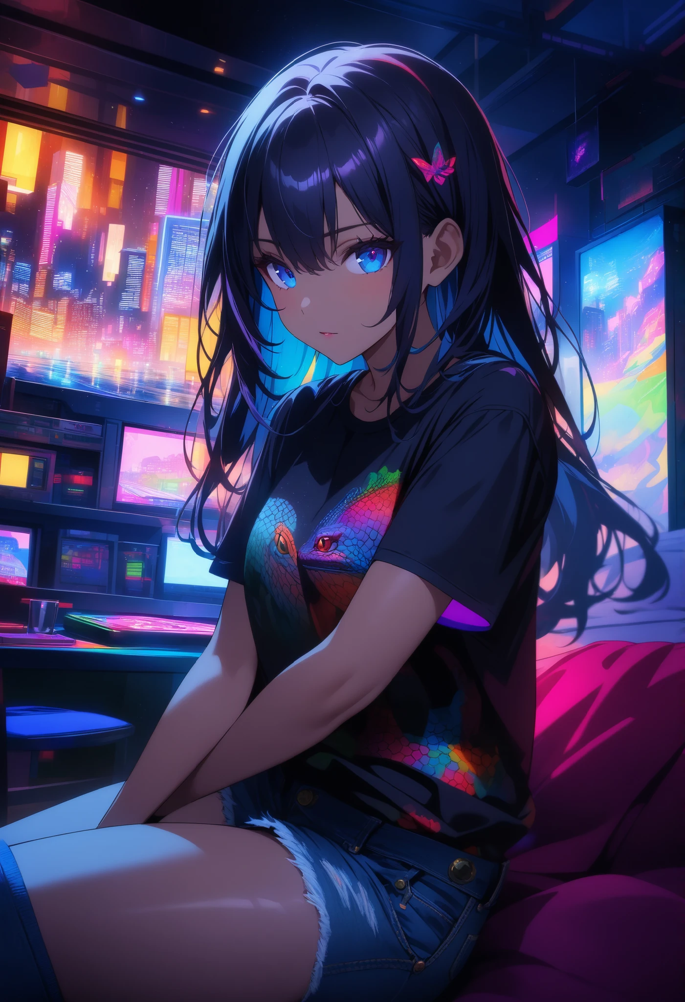 top quality , highest resolution, detailed depiction of the eyes, colorful, dark theme, one female, dark blue color eyes, dark color hair, long hair, light dark skin, denim shorts, provocative, Lizard pattern design, neon city, indoor , room, night, Overlooking the rainy city