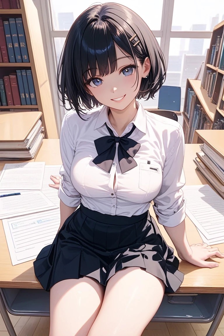 （8k、RAW Photosgraphy、highest quality、masterpiece：1.2),Staring at the audience,Viewed from the front,Long Bob Cut,strong,Muchimuchi,erotic,student,Light green Bra,White skin,knees,(Black Pantyhose),Absurd,Small Face,,Very large breasts,Big Breasts、黒hair、前hairを真ん中から分ける、The forehead is visible,(Cold look,eyeを細めて,Glare,strong,skinny,Sanding,Rage)、masterpiece,highest quality、超A high resolution,RAW Photos,Len,one person, solo,Glasses,,Embarrassed expression,Blushing、whole body,Round Glasses、cute、Back to Students,ＪＫ ,high school girl,Japanese women,standing,（Photorealistic：1.37）、Photon Mapping,Realistic、cute顔,茶色のeye、Black socks、(Red bow tie)、Radio City、物理ベースLenダリング、prospect、Depth of written boundary、Blurred Background、picture,Girls、body,Beautiful feet, Long legs, Thin legs,Tie your hair into one strand on your chest,(前hairが見える), hair, Lips, green_eye, Nose Soft,(Light blue shirt), (Navy, blue and white checkered pleated skirt), kneesが見える,See-through clothing,, thigh, black cotton socks,Nogizaka Idol, , Japanese Ido