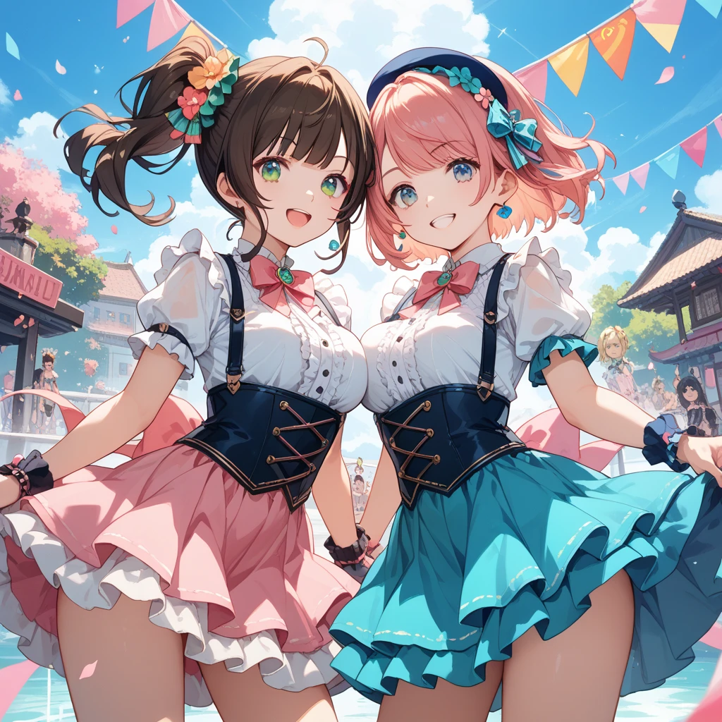 masterpiece, best quality, 2girls, 10yo, (petite),
 smile, open mouth, standing, idol dress, open clothes, bare small breasts, Navel, amusement park,