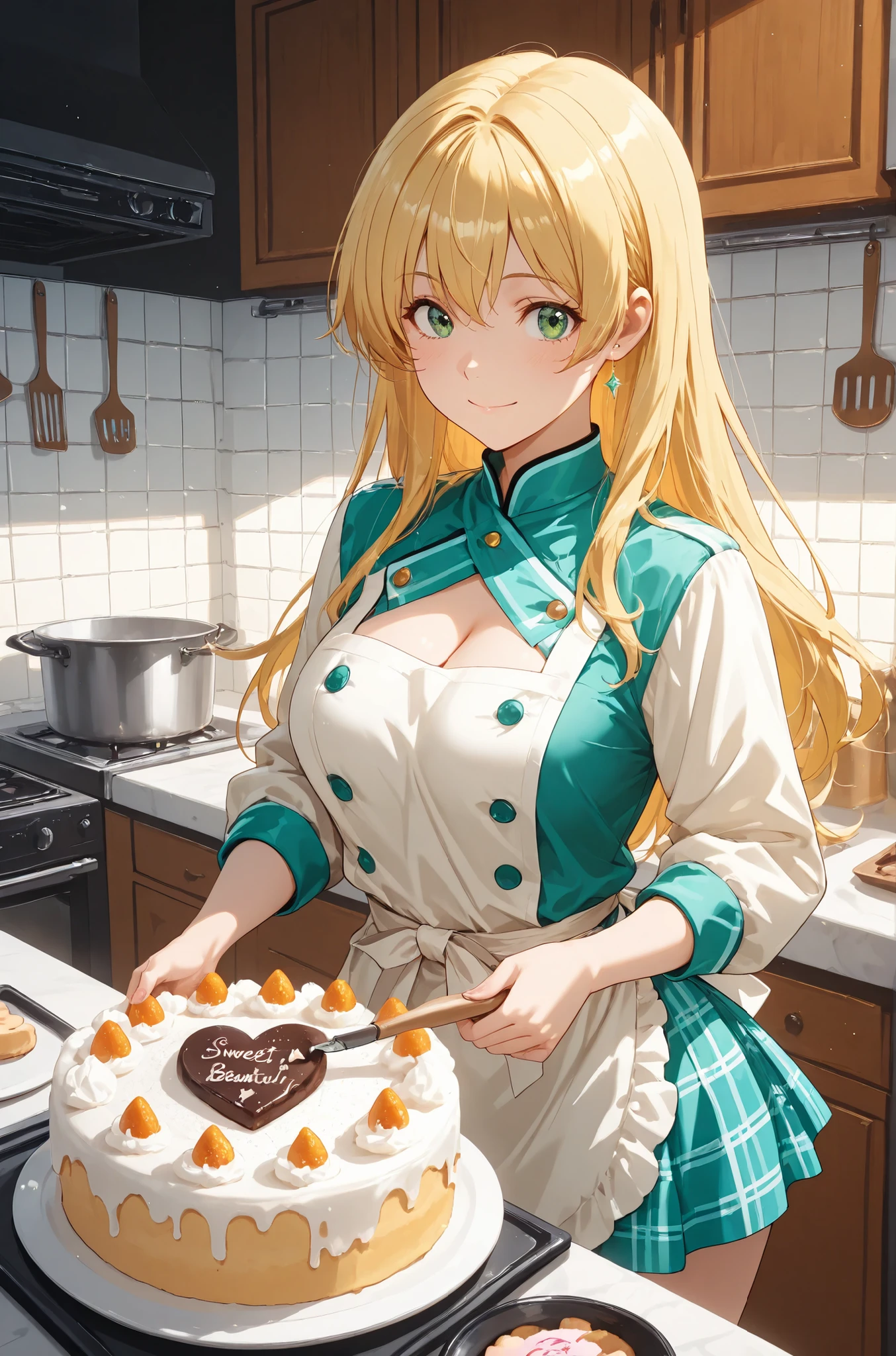 masterpiece, BREAK 1girl, 20 years old, sweet beautiful anime face, sparkling green eyes, BREAK long golden blonde hair neatly tied back, wearing a cute patissier uniform with the top buttons of the chef's coat open to show cleavage and a plaid mini skirt style apron, BREAK happily decorating a colorful cake in a bright and cheerful bakery kitchen, surrounded by various pastries and baking tools, a smear of frosting on her cheek, BREAK warm and inviting lighting, detailed sweets, high-quality anime art style, baking scene.