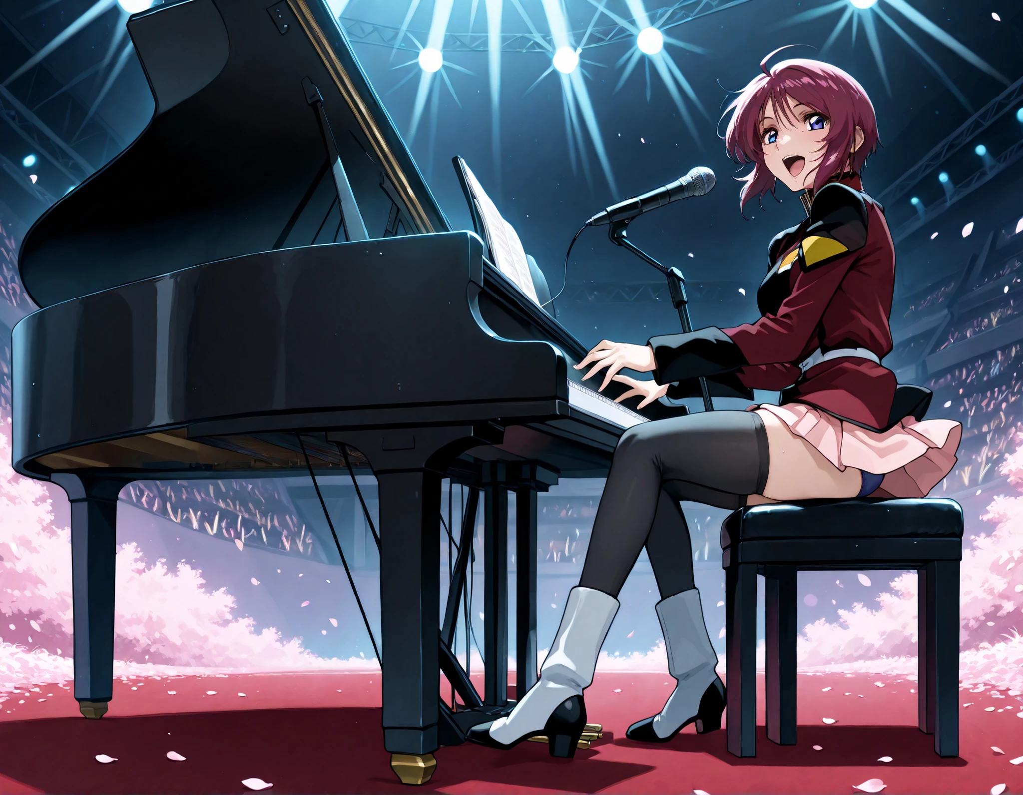 score_9, score_8_up, score_7_up,BREAK,masterpiece, best quality, absurdres,A very detailed and Hi-Res image,1girl,(solo),21 years old, (beautiful and detailed face),1girl,destiny jacket,LunamariaHawke,((destiny jacket)),((red military_jacket)),white shirt under the military_jacket,open military_jacket,((wet white shirt)), (((pink_skirt))),pleated skirt,dark blue frill trimmed bra under the wet white shirt slightly visible,dark blue panties under the skirt, (((black_thighhighs))), boots,white footwear,((lunamaria)),1girl,solo,blue eyes,red hair,short hair,ahoge,,eyebrows,NSFW,; quality\(8k, Hi-Res, top- quality, top- quality real texture skin, super realistic, increase resolution,RAW Photo, very detailed, wallpaper, golden ratio,vibrant,{{breathing}},full body,(Watery eyes),{Wet body}, (Like a subtle blur),bokeh,(nape of neck),blush,(score_9_up, score_8_up, score_7_up, best quality, movement, motion blur, source_anime, full body, BREAK depth of field, foreshortening, extreme perspective, anime wallpaper,panty shot,light particles, cinematic lighting,Visual impact,ultra-realism, anime style, dreamy psychedelic anime, looking at viewer, Elegant outfit, perfect figure, beautiful breasts, The background is a dark forest clearing illuminated by faint blue light, with falling cherry blossom petals swirling around, adding a sense of elegance and tension,forest,(((wind blow))), (((A girl playing a grand piano on stage at a school festival))),(((performing . She is focused and enjoying the music, with stage lights illuminating.))) The background includes a cheering audience and colorful festival decorations. The atmosphere is lively and energetic.,thighs , sexy,forest ,lake,(updraftupskirt, blown skirt),((microphone)),((microphone stand near her mouth)),(((she is singing))).(she sitting chair),(((playing piano))),grand piano,playing piano),,girl_and_piano, (playing instrument), instrument, piano, sitting, grand piano,bare hands,(((sing))),(((microphone on the piano)))