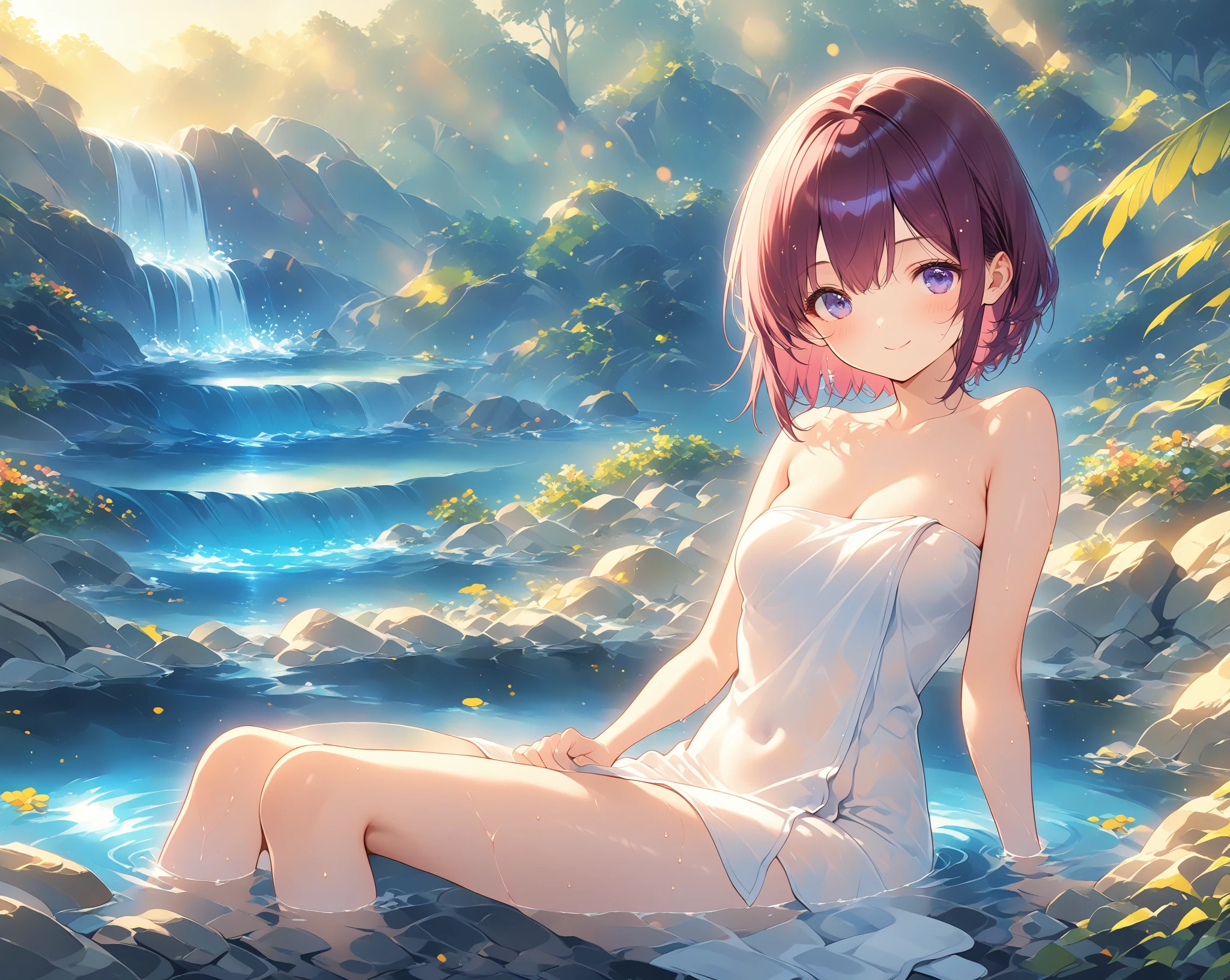 Woman relaxing in hot spring,20generation,Yang Liang、Colored leaves、Satisfied face,Cover your hair with a towel,Beautiful light of inspiration,Elegant water flow,Soothing atmosphere,Quiet and peaceful background,Large Breasts