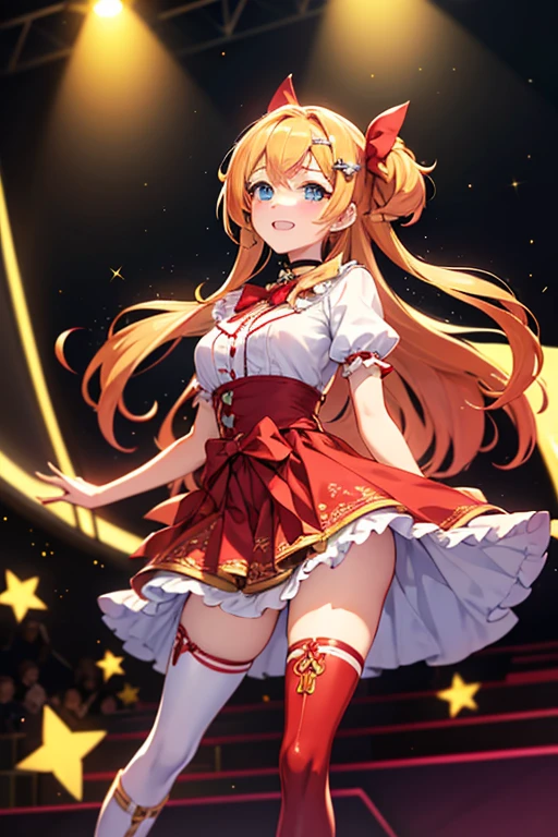 Ruby Hoshino, Hoshino Ruby, (Yellow hair:1.5), Long hair, One side up, (Pink eyes:1.5), side locks, (star-shaped pupils:1.5), (symbol-shaped pupils:1.5), (Mismatched pupils:1.5),Copy prompt prompt(Anime style:1.3), (Realistic, Photorealistic: 1.37), (masutepiece, Best Quality: 1.37), (よるのかい超hight resolution: 1.2), (Raw photo: 1.2), (Sharp Focus: 1.3), (Face Focus: 1.2), (Ultra Detailed CG Unified 8K Wallpaper: 1.2), (Beautiful skin: 1.2), (pale skin: 1.3), (Hyper Sharp Focus: 1.5), (Ultra Sharp Focus: 1.5), ( Beautiful pretty face: 1.3), (The face of the Japan actress:1.3), (ultra-detailliertな背景, Detail Background: 1.3), masutepiece, Best Quality, hight resolution, ultra-detailliert, Hyper Sharp, absurderes, Detailed face, White skin, Real Human Skin, (Detailed face), oval-face, pores, From below, low angles, looking down to viewer, ultra hight resolution, (8K, Raw photo, Photorealistic:1.4), BREAK, 1girl in, slim, (largebreasts:1.37, cleavage), Illustration of a scene of an idol singer singing enthusiastically on a live stage. Idol singer standing in the center of stage. Idol singer wears miniskirts and boots. Idol singer wears headset with hair up. An idol singer is holding a microphone and singing. The expression of the idol singer is serious and powerful. The singer's voice is strong and beautiful. Fans gather around the stage. Fans are singing and dancing with idol singers，Red idol style Japanese clothes，Furisode，White mini skirt，ショートブーツ
BREAK (masutepiece:1.2), Best Quality, hight resolutionであり, Unity 8k壁纸, (Illustration:0.8), (Beautiful detailed eyes:1.6), extra detailed face, Perfect Lighting, extremely details CG, (Perfect hands, Perfect Anatomy),