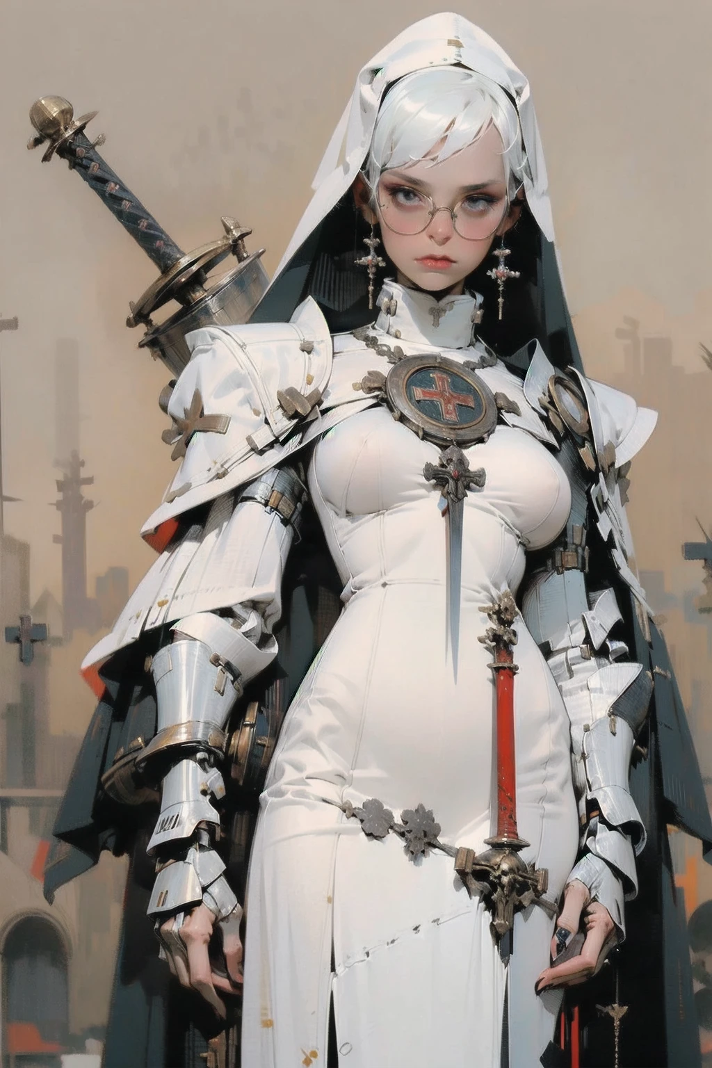 bokeh background, full lips, obsidian armor, gold accents, warrior nun, divine, slim, slender, looking at viewer, large breasts, cleavage, (masterpiece), (best quality:1.2), absurdres, intricate details, (highly detailed skin:1.2), <lora:ArmorFusion:0.8>