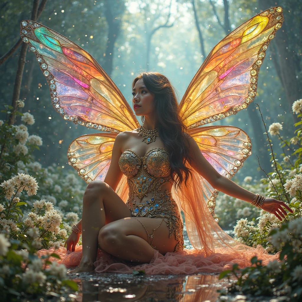 In a dazzling panoramic gouache painting, a resplendent fairy adorned in luminous crystals and shimmering petals captivates the eye. This detailed artwork showcases a whimsical scene of nature's enchantment. The fairy's wings glisten with an ethereal iridescence, casting rainbow hues across the vibrant floral backdrop. Each delicate feature is expertly rendered, creating a magical aura of fantasy and beauty. This image is a testament to the artist's skill and imagination, inviting viewers into a world of wonder and delight.