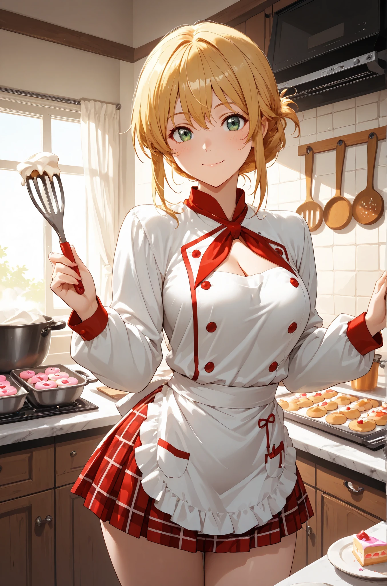 masterpiece, BREAK 1girl, 20 years old, sweet beautiful anime face, sparkling green eyes, BREAK long golden blonde hair neatly tied back, wearing a cute patissier uniform with the top buttons of the chef's coat open to show cleavage and a plaid mini skirt style apron, BREAK happily decorating a colorful cake in a bright and cheerful bakery kitchen, surrounded by various pastries and baking tools, a smear of frosting on her cheek, BREAK warm and inviting lighting, detailed sweets, high-quality anime art style, baking scene.
