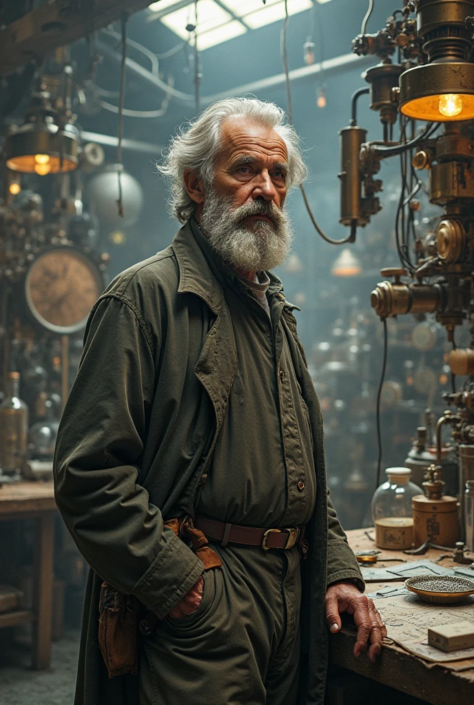 phtograph, modelshoot, portrait of an old gnomish tinkerer, (big head:1.3), (short stature:1.3), poor patchwork clothes, anguished expression, bald, tavern background, fantasy, dungeons and dragons, face details, dramatic lighting, highly detailed