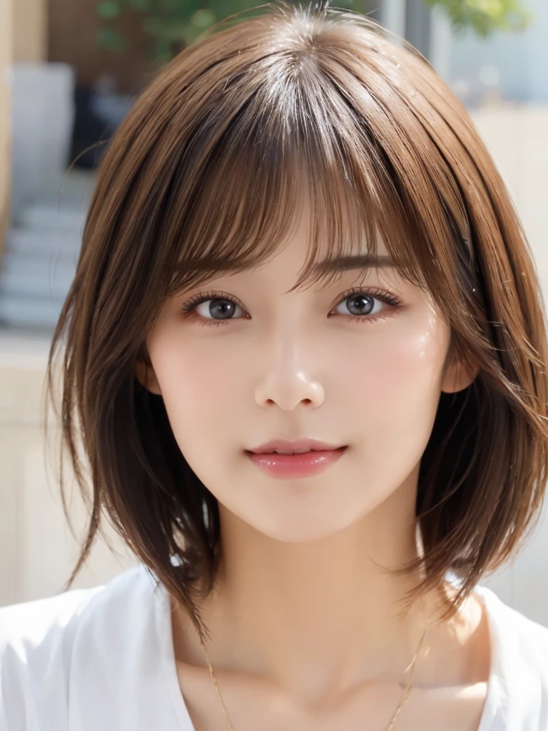 ((top-quality、8k masterpieces:1.3))、(ultra beautiful faces:1.0)、(shinny skin:1.0)、photos realistic、Brown hair, Short bob hair, layers-Cut, Her hair is swaying in the wind, Bangs, Video Lighting、High-definition eyes and face、1 japanese girl, Neat and clean beauty, Cute, Silk Color Blouse, buttoning, from the front side、medium breasts、A slight smile, Museum Painting Exhibition Room, congestion, Many people