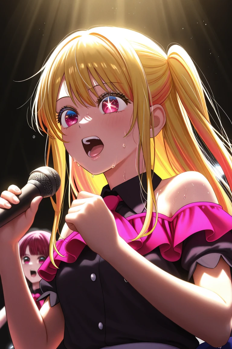 rubyhoshino, Ruby Hoshino, (Yellow Hair:1.5), Long Hair, One side up, (Pink Eyes:1.5), Side Lock, (Star-shaped pupils:1.5), (Symbol-shaped pupil:1.5), (Pupil mismatch:1.5)Browsing Caution, penis ,(Blowjob,Blowjob,Handjob,Without sensor,Heterosexual,Sticking out tongue,Long Tongue,:1.3) ,(Cum on tongue:1.5),(gargle:1.4),(Open your mouth:1.5)