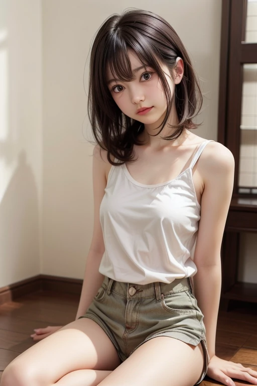 (masutepiece, Best Quality:1.2), 8K, Official art, Raw photo, unbelievable Ridiculous, (Upper body, (off shoulder gray tank top, blue strip panties, medium nipples), serafuku, sitting:1.4), Beautiful korean Girl, Idol face, arching back down, medium full breasts, (thinwaist), thighs thighs thighs thighs, Stockings, close up, Short sleeve, gardenia, violaceass (middle japan street), Looking at Viewer, No makeup, Film grain, chromatic abberation, Sharp Focus, face lights, Dynamic lighting, Cinematic lighting, Detailed face, Bokeh background, ponytails