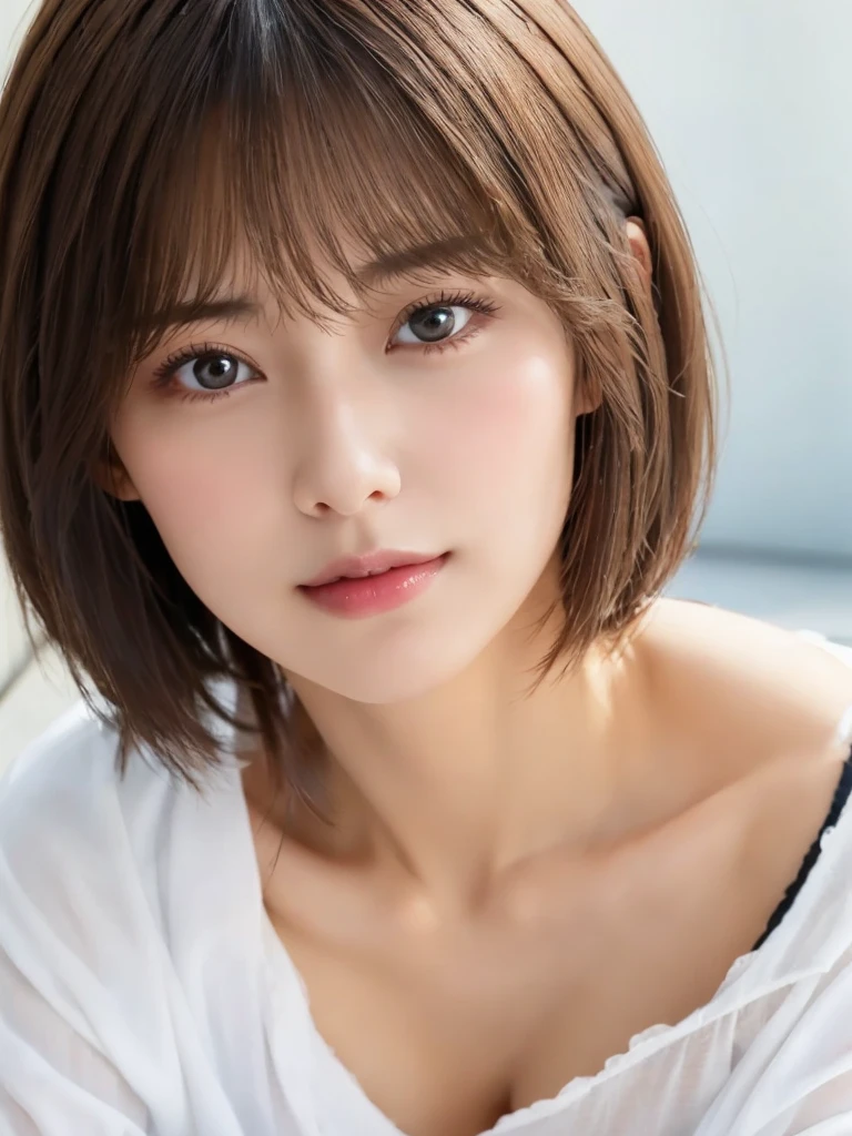 masterpiece、highest quality、High resolution、table top、wallpaper、realistic、bright lighting、professional lighting、face light、smooth lighting、japanese woman、adult、Beautiful woman、action、gravure、sexy、poor、super beautiful、beautiful skin、beautiful and detailed eyes、detailed face、slim、moderately、short hair、brunette colored hair、brown eyes、look at the camera