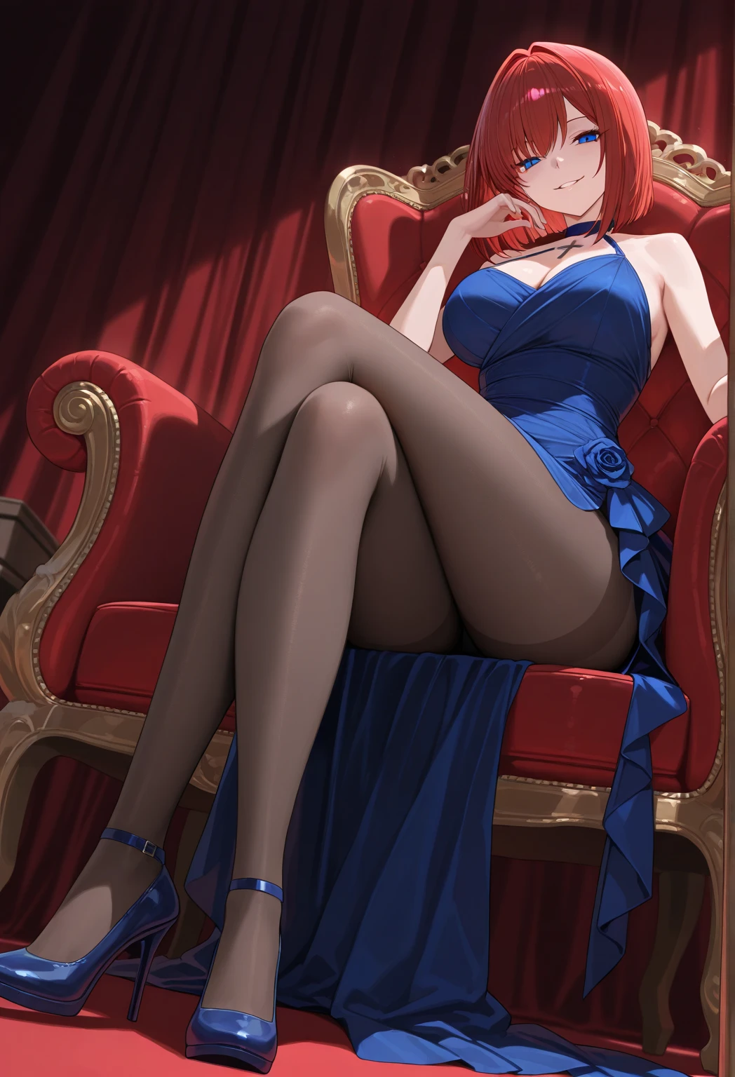(Masterpiece, Best Quality, High Quality:1.4), professional artwork, Intricate Details, field of view, sharp focus, detailed painting, photorealistic lighting, trending on pixiv, (vivid lighting, vibrant colors:1.05), realistic shadows, ambient occlusion, by Takato Yamamoto Marie Mamiya, mature female, milf, solo, (curvy:1.1), sitting on sofa, crossed legs, luxury room, (cowboy shot:1.1), (red hair:1.05), hair ornament, lipstick, makeup, (mole under eye:0.9), choker, ultra detail hair, ultra detail face, (yellow eyes:1.05), perfect eyes, perfect face, earrings, (seductive look, blush:1.2), (main dress:1.2), choker, (black thighhighs:1.1),(highheels:1.2), bare shoulders, necklace, fingernails, (Large Breasts:1.15), Cleavage, big ass, thighs