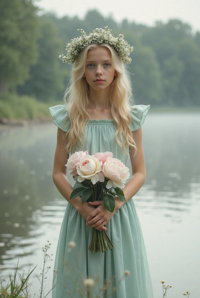 A blonde girl wearing a green dress with white skin and blue eyes 