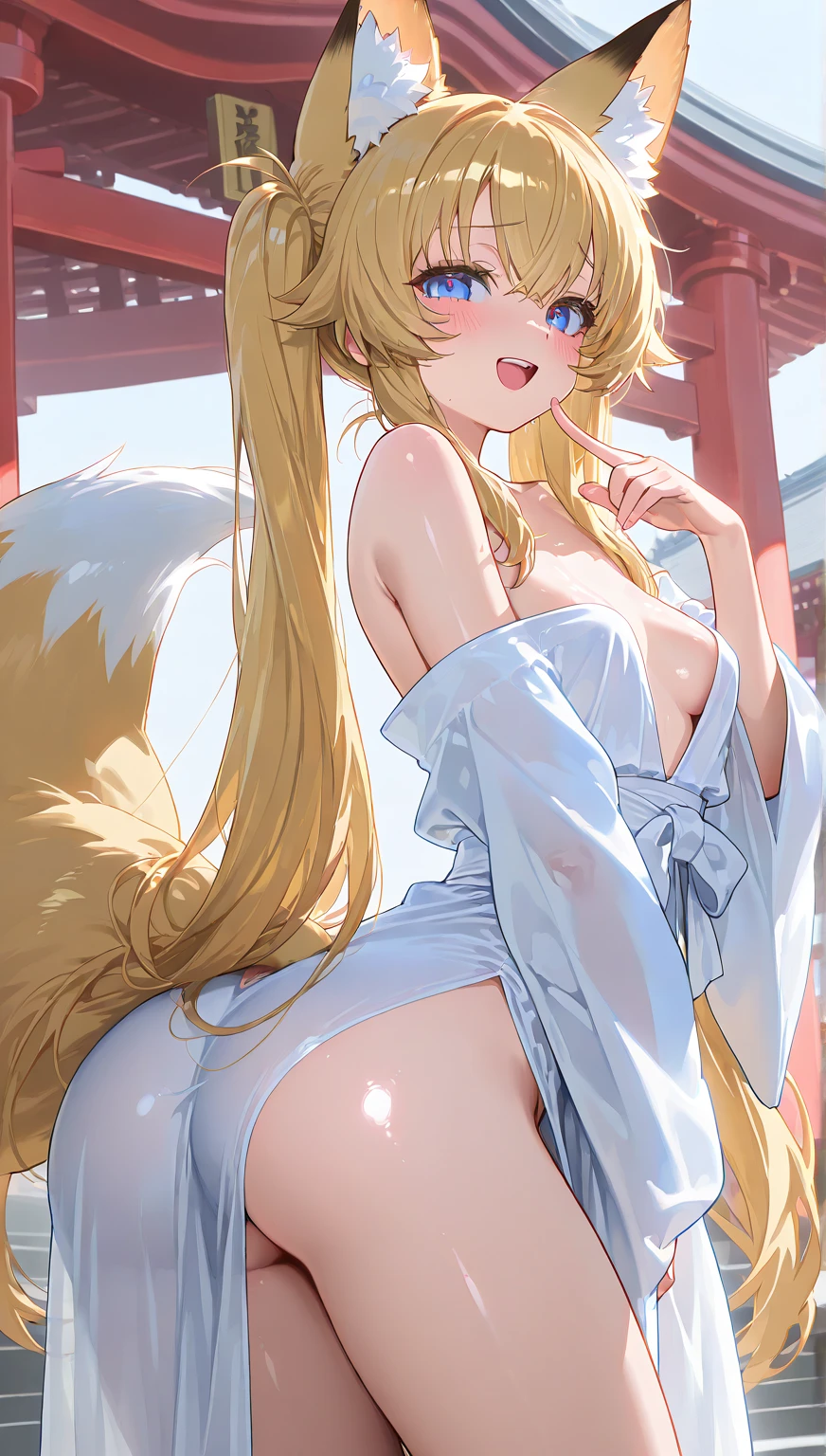 ((Highest quality)), ((masterpiece)), (detailed),、Adult women、Blonde、Long Hair、fluffy hair、(((Saggy breasts)))、Glasses、Japanese Shrine Maiden、The cleavage is visible、Inside the shrine、smile、masterpiece、best quality、ultra-detailed、8K、high resolution、beautiful eyes、ultra-detailed、Arms raised to show armpits、Embarrassed face、Messy bangs、((Are thin))、She is lifting her legs to show her genitals、Showing teeth、Sitting with legs apart、Opening the female genitals、The vagina is visible、